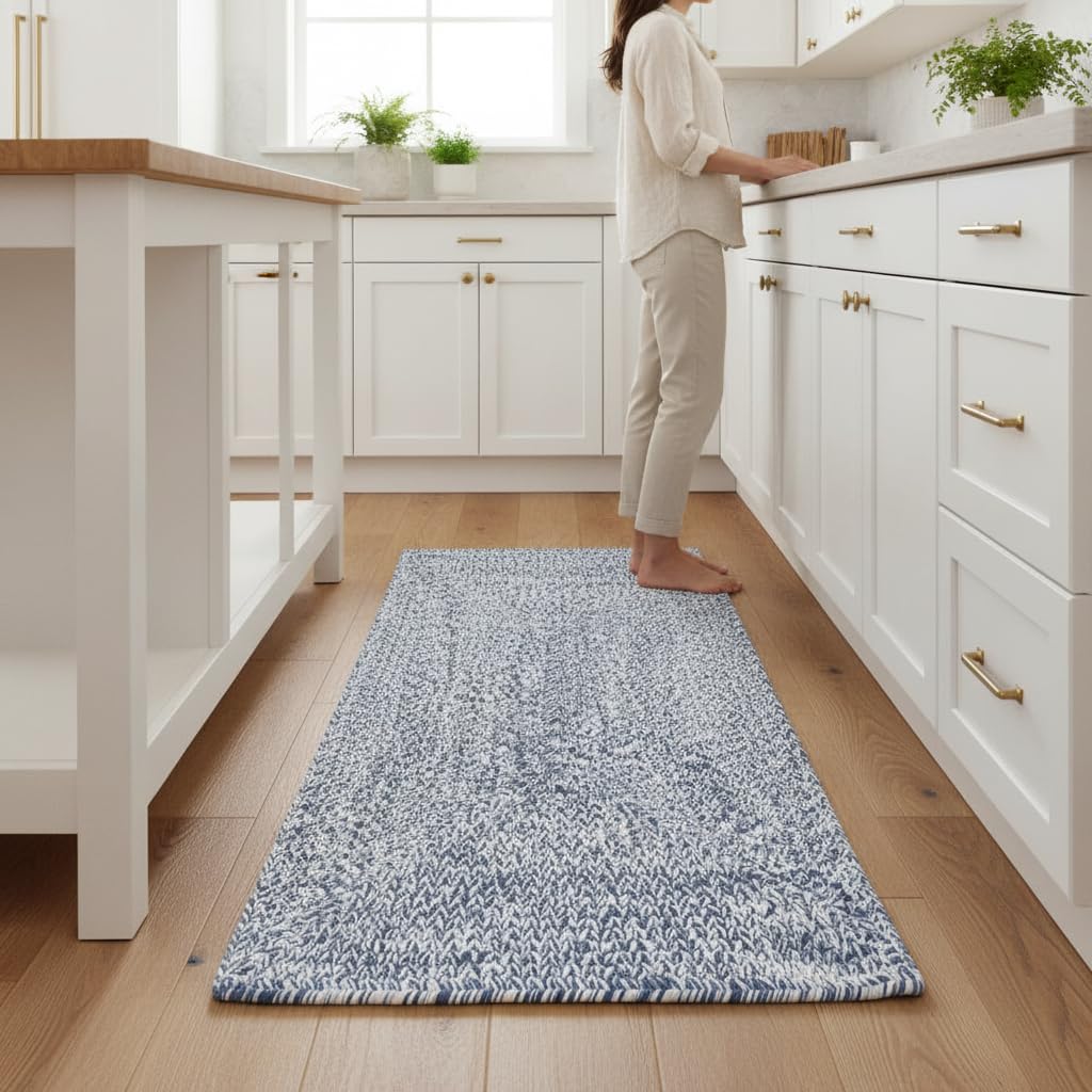 Super Area Rugs 2x6 Farmhouse Braided Runner Rug for Kitchen - Soft Cotton Hallway/Entryway Rug Runner - Hand Woven Area Rug, Blue & White,2' X 6'