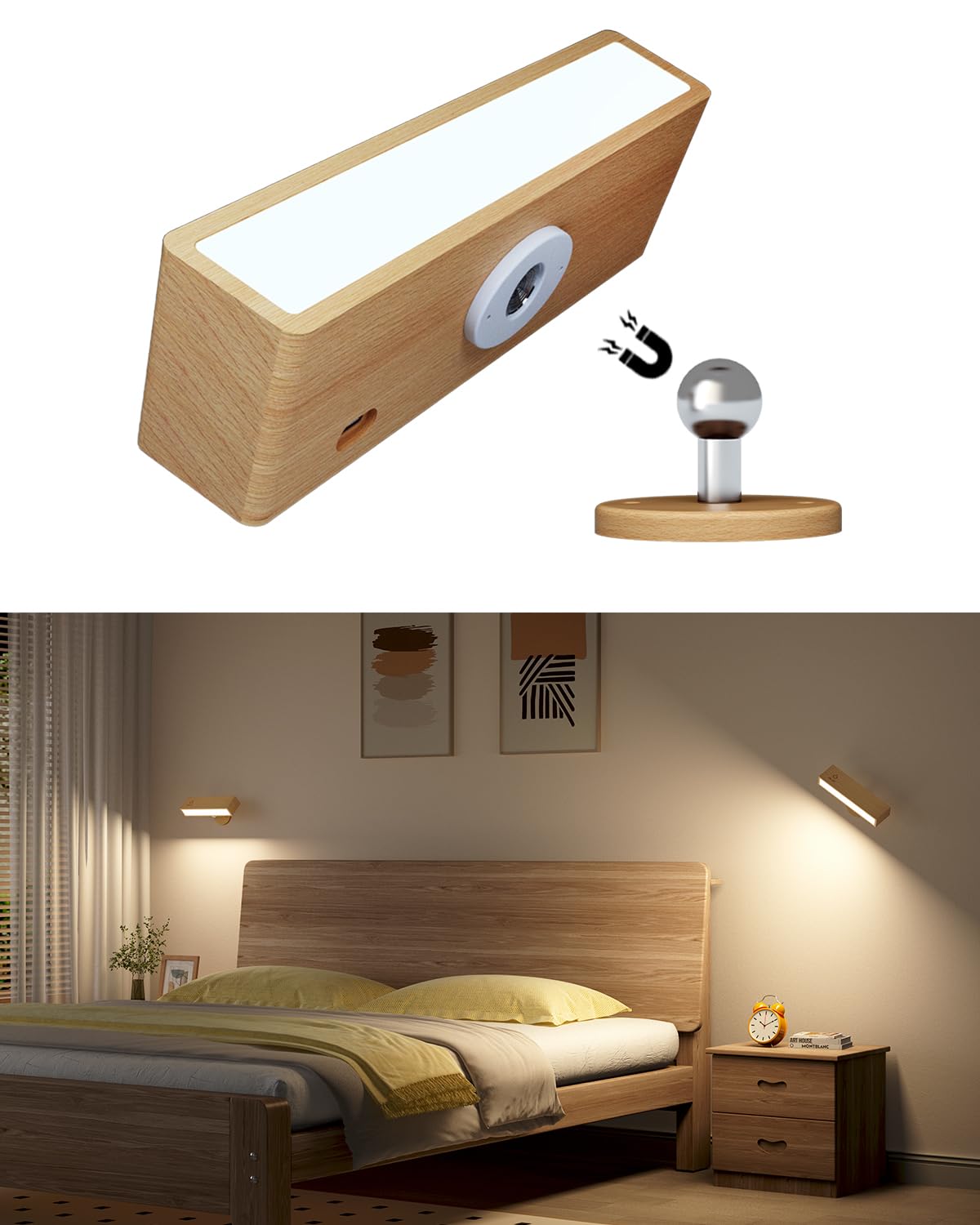 DetarZinLED Lámpara de Pared con Batería de Carga USB, Lampara Mesita Noche Recargable, Apliques de Interior Adhesivos para Dormitorio sin cable (Madera de haya, 1 Pcs)