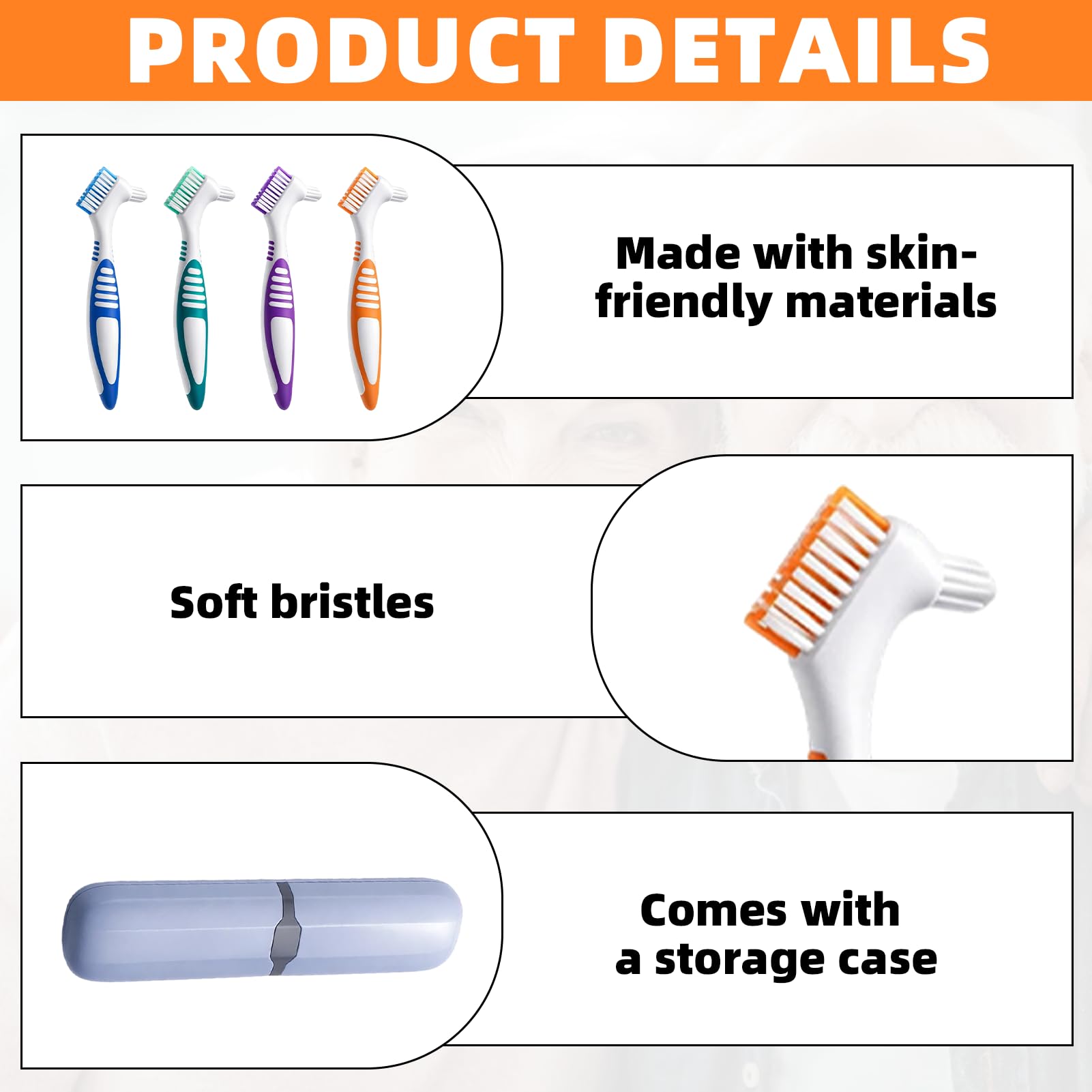 ikBrtaiay 4 Cepillos Protesis Ferula Dental para Dentaduras Postizas, Cepillo Ferula para Dentaduras (4 Colores) con 1 Estuche Portátil, Cepillo Ortodoncia Brackets para Cuidado de Dentaduras Postizas — view 3