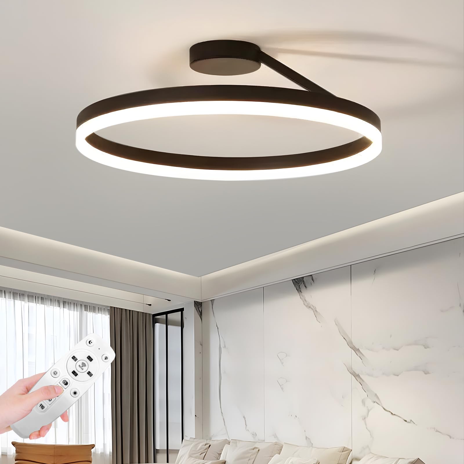 YATAI Modern LED Chandelier, 28W Adjustable Dimmable LED Ceiling Light Fixture with Remote Control, 3-Color Temperature (3000K-6000K), 19.6" Flush Mount Light for Bedroom/Living Room, Black