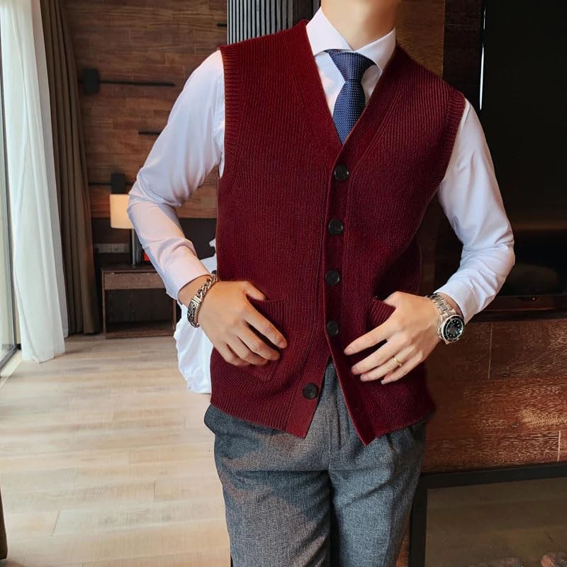 Men's Sweater Vest V-Neck Sleeveless Knitted Button Cardigan Solid Thickened Knitted Vest3