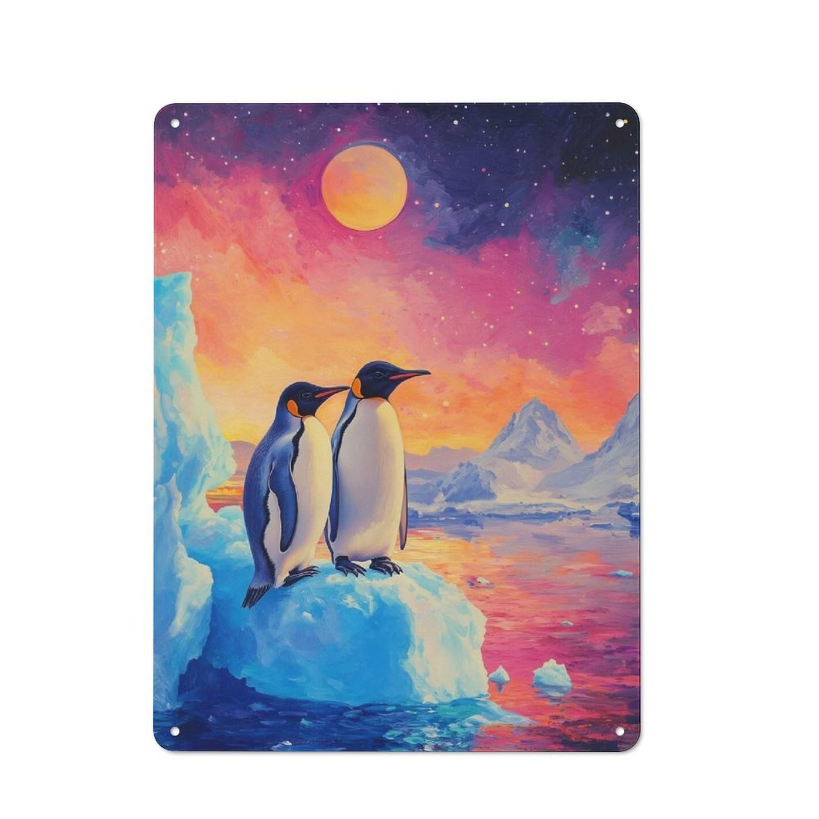 Junmoney Penguins On Iceberg Under Colorful Sky Retro Metal Sign 40X30cm For Hobby Room Or Studio, Autumn Wall Decor For Creative Interior Collectors