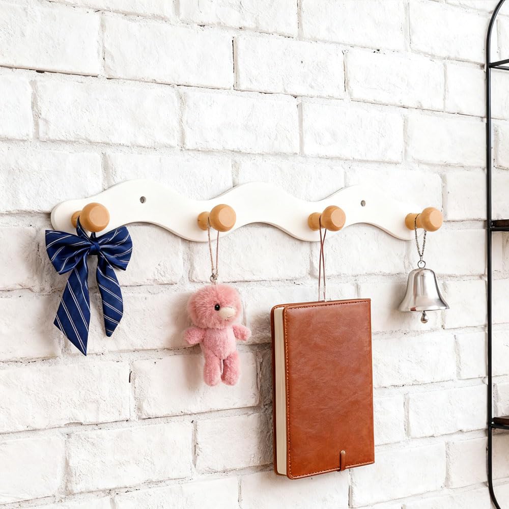 Porte-manteau mural sans perçage - 35,5 cm - Avec crochets en bois - Double option de montage pour garde-robe d'enfant, couloir, chambre d'enfant, salon et salle de bain