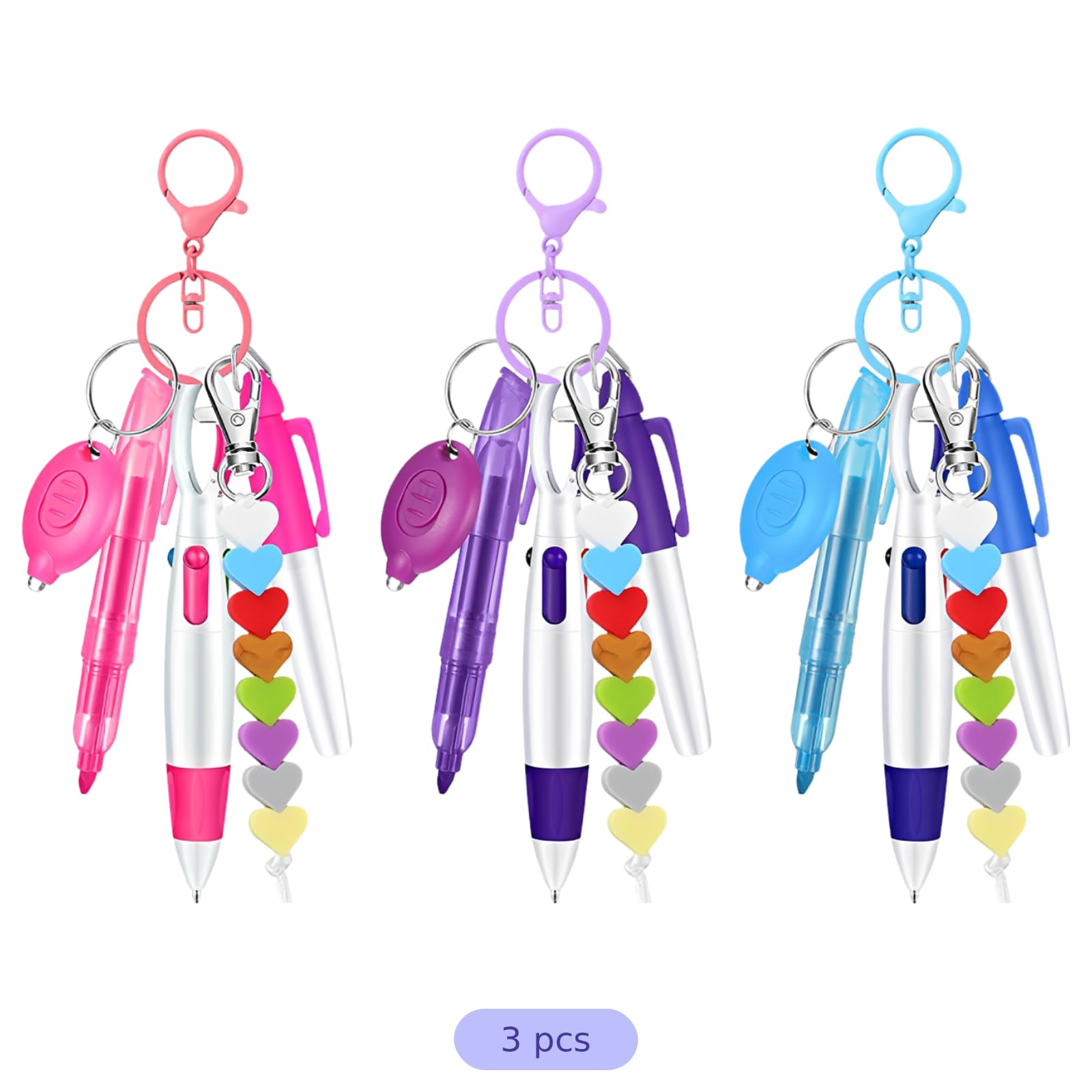 Lot de 3 stylos badge pour infirmières, stylo bille rétractable avec clip porte-clés de soins, marqueur permanent à pointe et mini lampe LED, décorations perles cœur, 3 couleurs