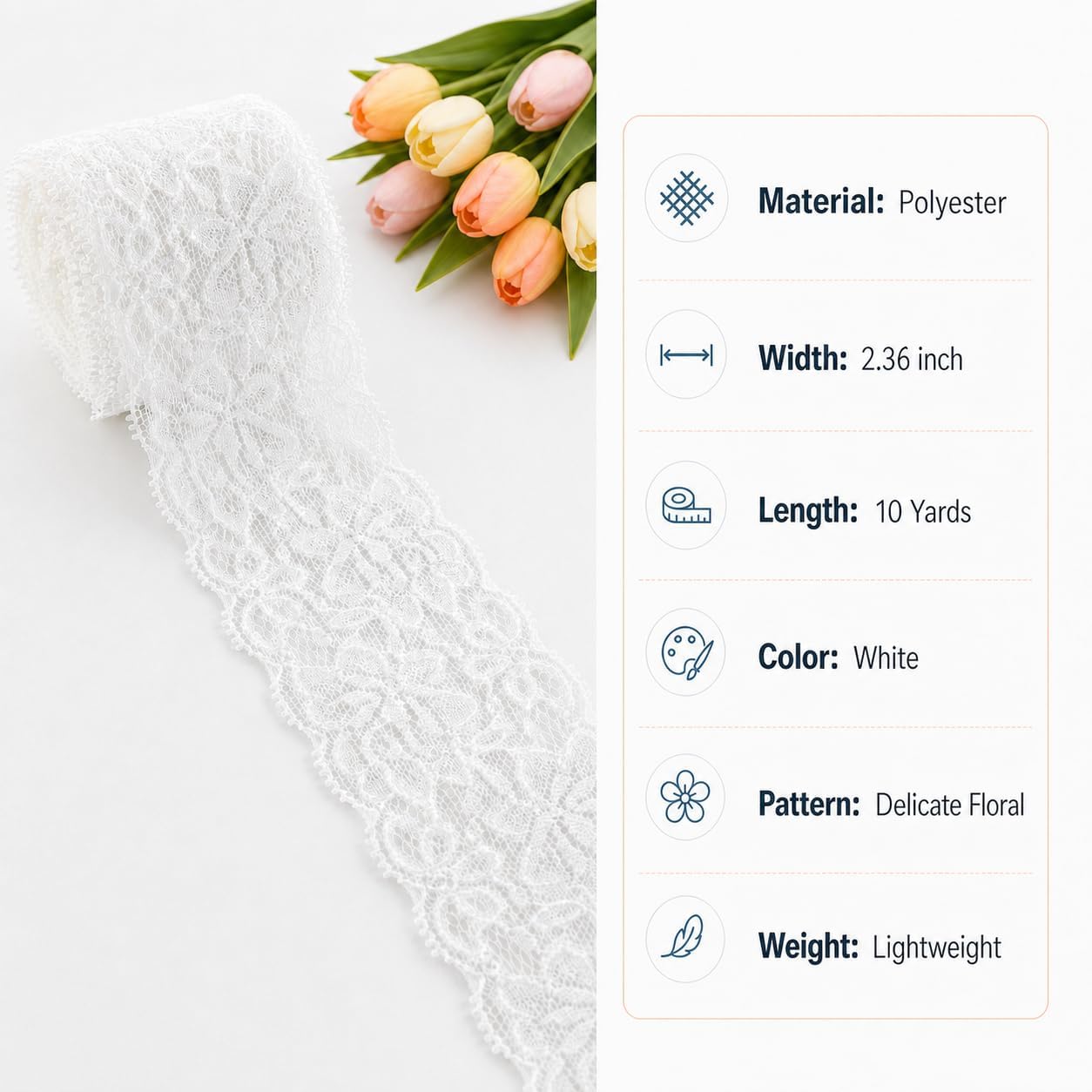 QingHan White Lace Trim Ribbon: 10 Yards 2.36 Inch Wide Lace Ribbon for Sewing - Floral Lace Trim for Crafts - Bridal Wedding Dress - Gift Wrapping and DIY Decor