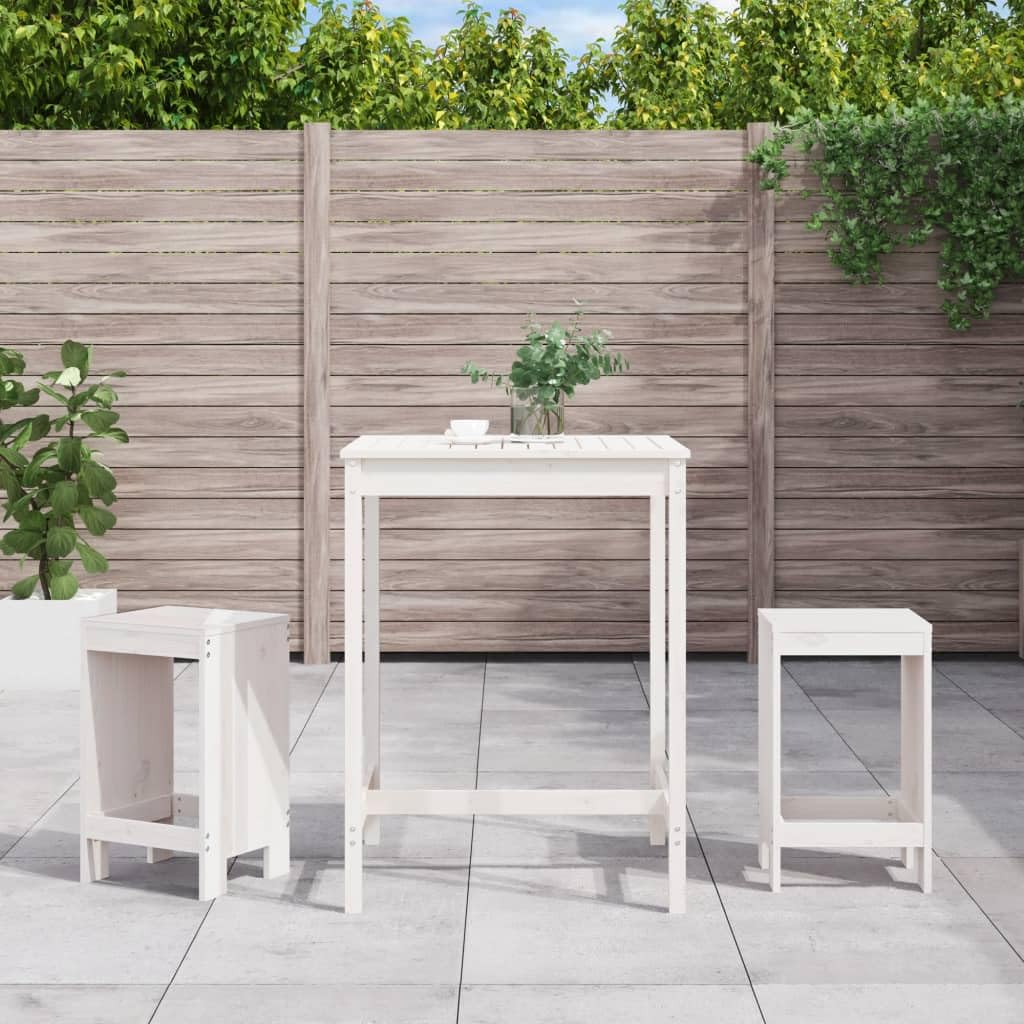 Table haute de jardin en pin blanc et tabourets pour apéritifs sur le balcon