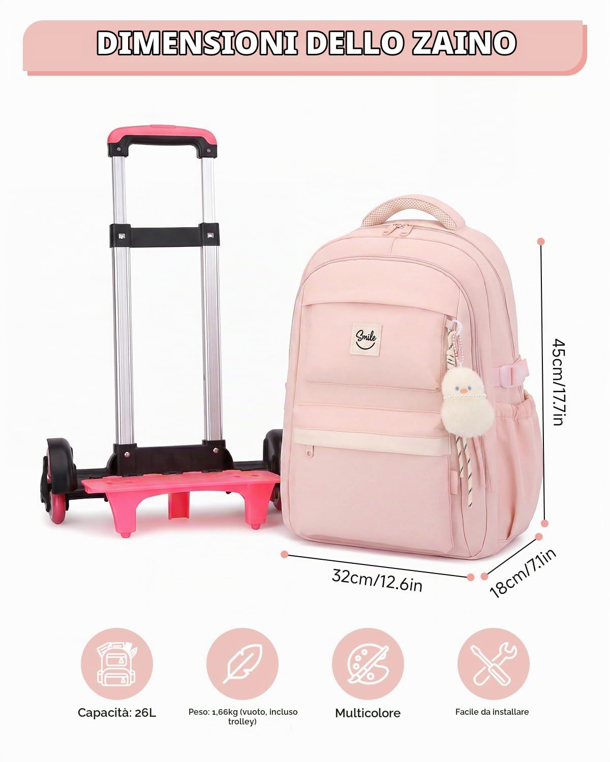 Tanou Zaino Trolley Scuola Elementare e Media, Zaini Casual con Ruote per Ragazze Adolescenti, Staccabile Zaino Rotelle Bambina per la Scuola Viaggio, Rosa | Zaino rimovibile, 6 ruote, per adolescenti e ragazze, per scuola elementare, liceo con ciondolo