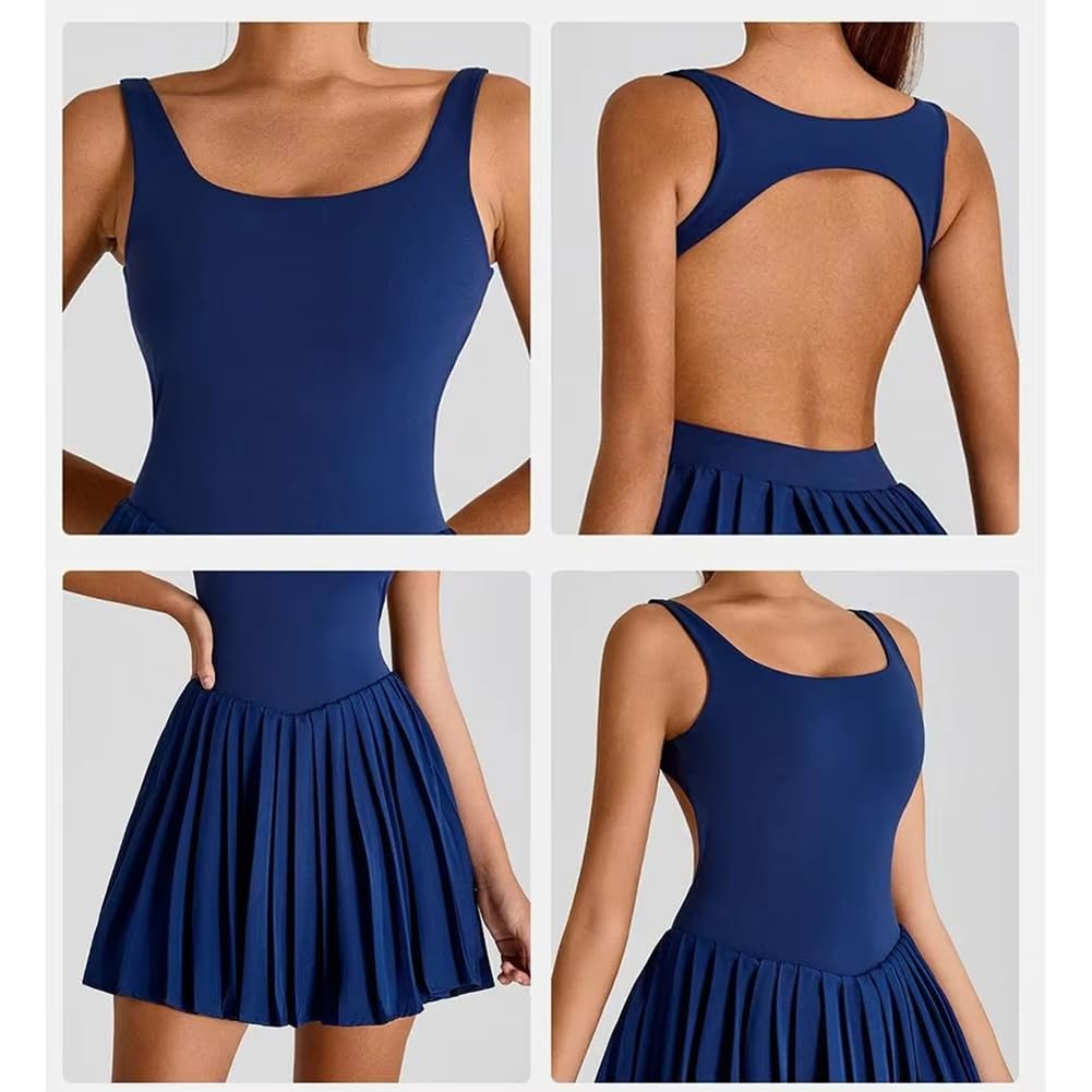 Sukienka Tenisowa Damska z Szortami i Biustonoszem, Sukienka Sportowa Bez Rękawów Dekolt Kwadratowy Odkryte Plecy, Plisowana Fitness Yoga z Kieszenią(XL, Dark Blue)