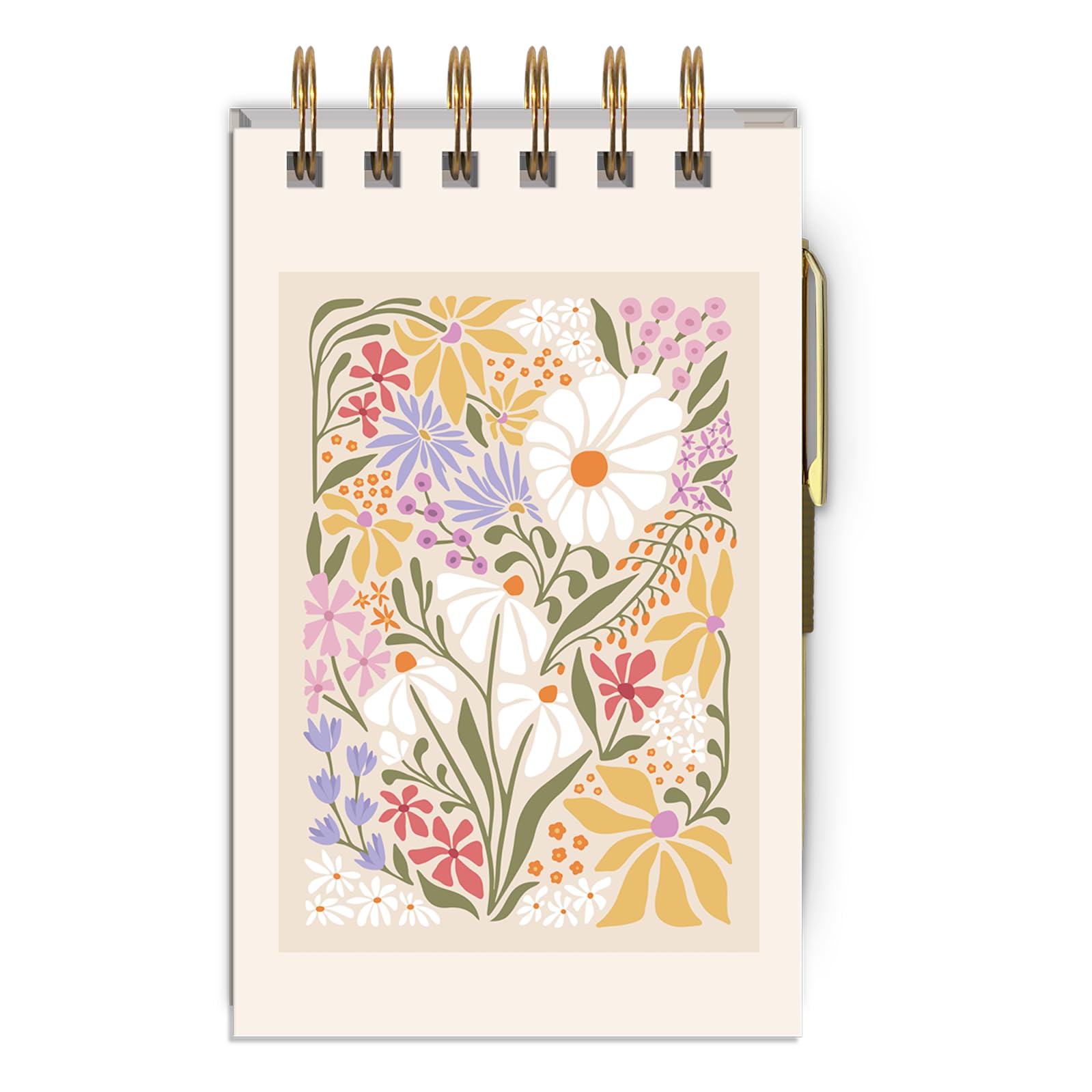 Lady Jayne Flower Market 100-Page Pocket Spiral Notepad with Gold Metal Ballpoint Pen, 3.75" x 6.6", Wildflowers