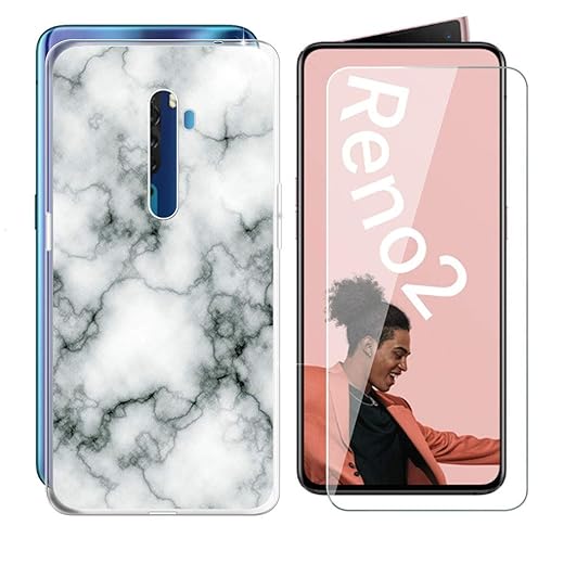 Oppo Reno 2F Case + Tempered Glass Screen Protector Flexible Soft Transparent TPU marble Shell Silicone Gel Protective Case Bumper Cover for Oppo Reno 2F (6.53")