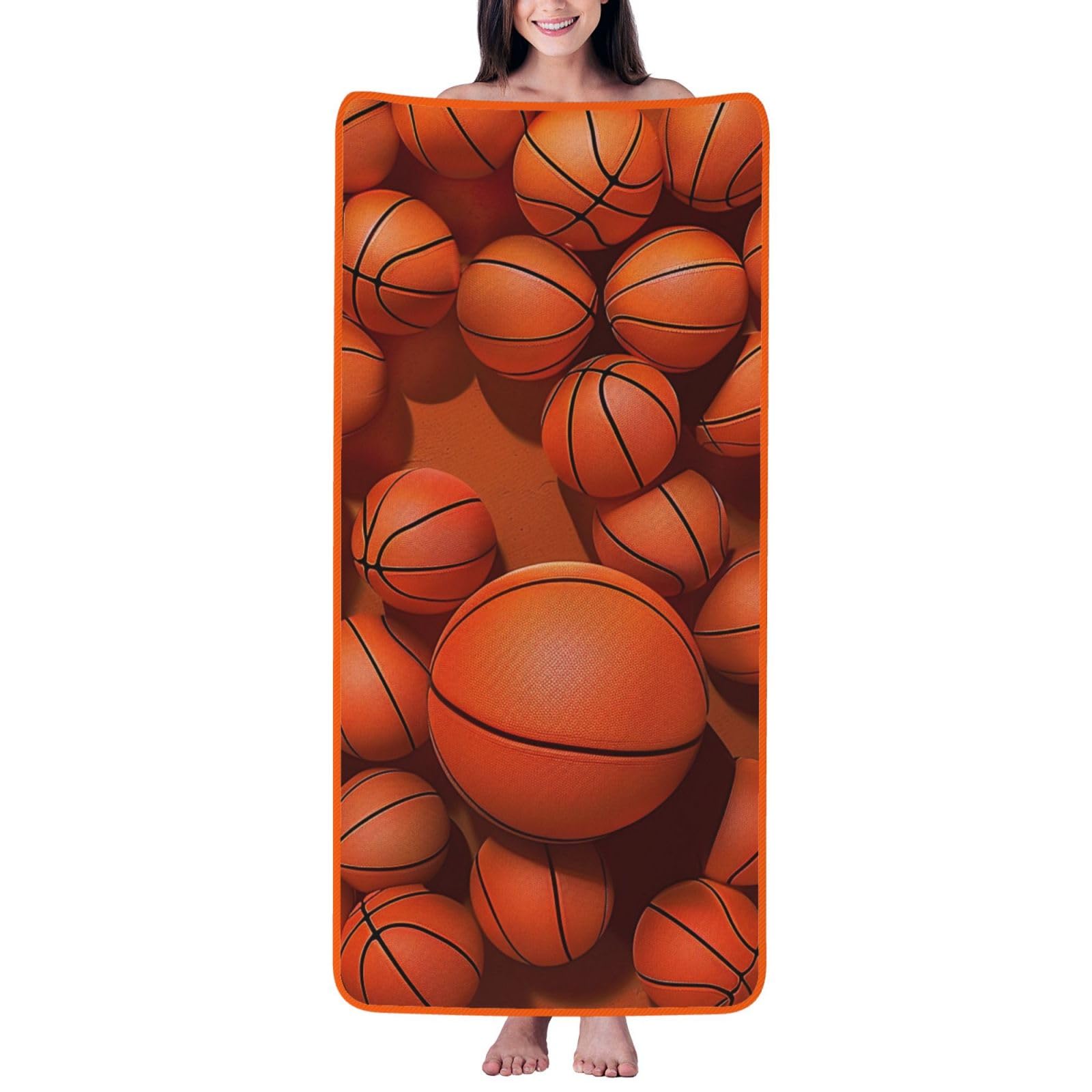 WPKJU Basketball Orange Printed Bath Towel with Orange Edging - 27x55 in Soft Extra Absorbent Coral Velvet Shower Towels for Bathroom