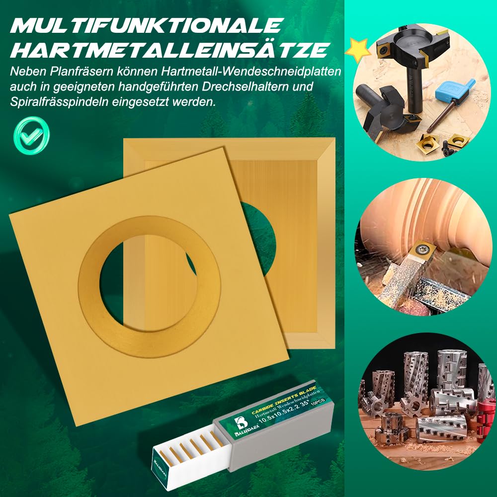 Lot de 10 inserts HM Burin de rabotage 10,5 x 10,5 x 2,2 mm-35 ° Plaquettes carrées en carbure pour fraise à affleurer pour outils de tournage à bois Lame de rechange