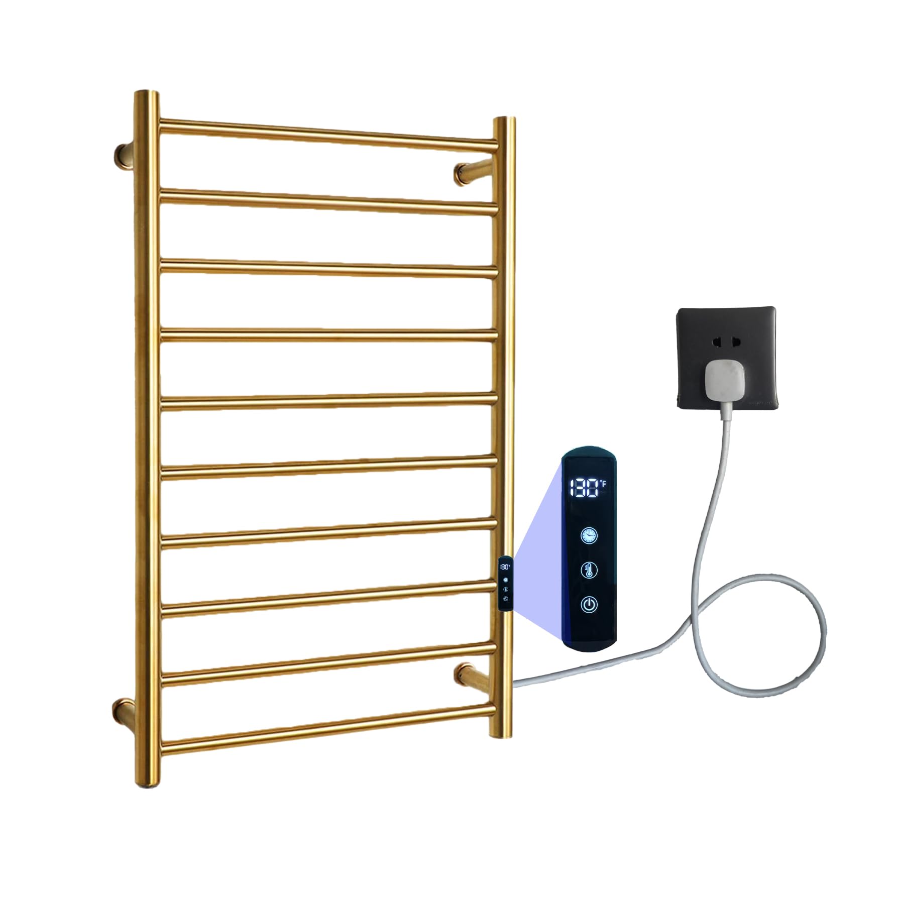 Towel Warmer Luxury Wall Mounted Heated Towel Rack, 10 Bars Towel Warmers for Bathroom with Timer & Temperature Multi-Level Adjustable, Hardwired and Plug-in Options (Plug-in, Brushed Gold)