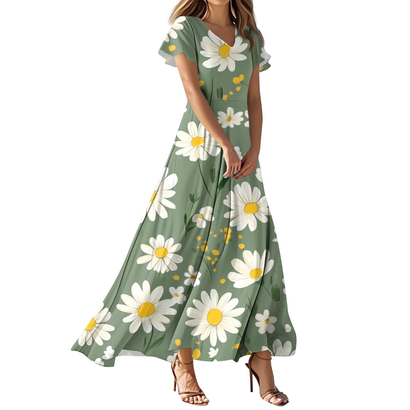 Boho Dresses for Women,2025 Summer Elegant Trendy V Neck Short Sleeve Floral Maxi Dress,Romantic Flowy Ruched Swing A Line Long Beach Vacation Dress