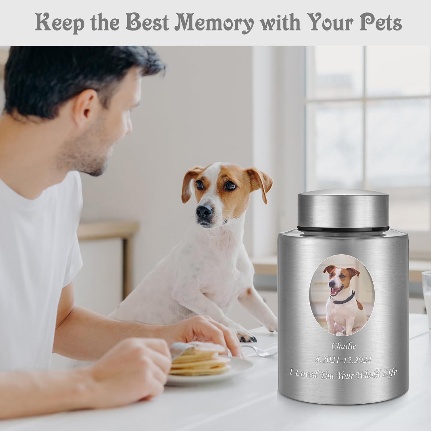 Photo Custom Cremation Urns for Human Ashes, Personalized Funeral Urn Stainless Steel Memorial Urns, 5.9 Inches Medium Decorative Keepsake for Human Ashes - Silver