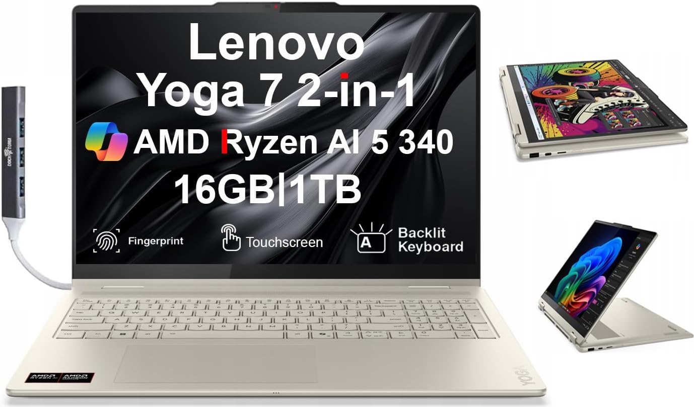 Lenovo Yoga 7 2-in-1 Copilot+ Laptop 16.0" Touch IPS WUXGA Display (AMD Ryzen AI 5 340 (Up to 50 Tops), 16GB LPDDR5X, 512GB SSD, Backlit KB, FP, WiFi 7, HD Webcam, Win 11 Home) w/DKZ USB Port Expander