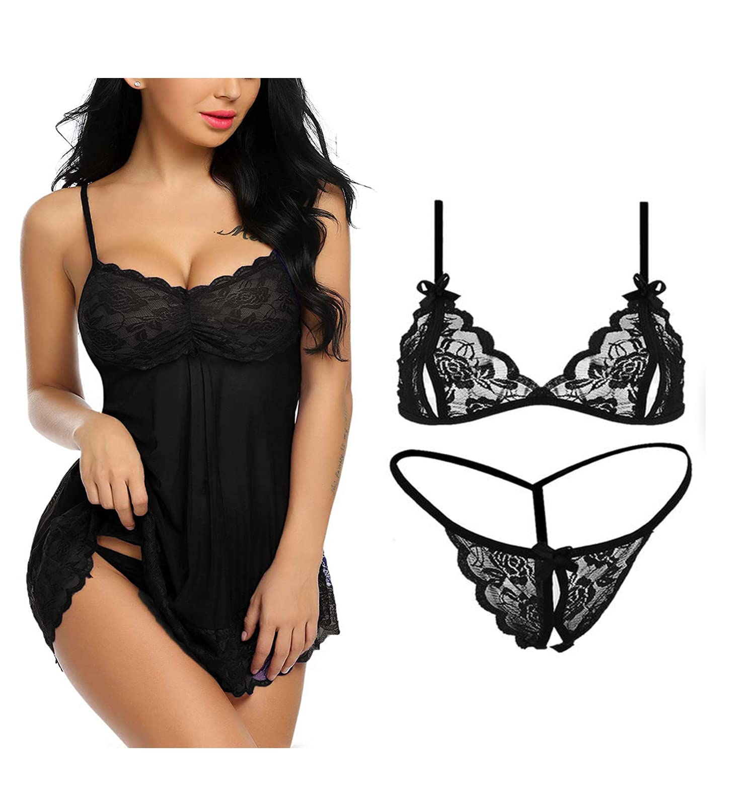 Women's Net Solid Above Knee Babydoll Night Dress| Honeymoon Night Dress| Black Lingerie Set-image-30