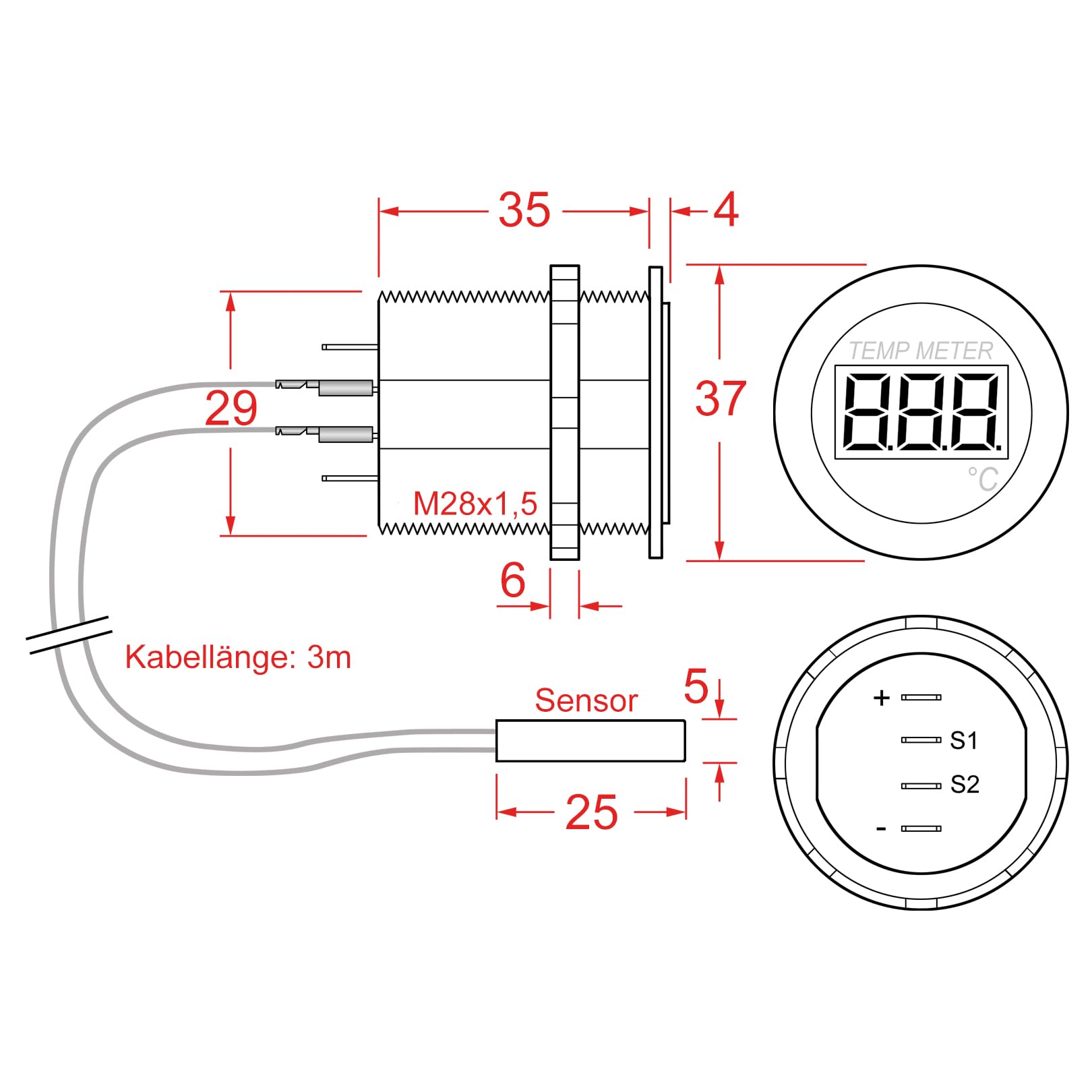 Digital Einbau Thermometer -30-124°C - 12/24V -37mm / 29mm