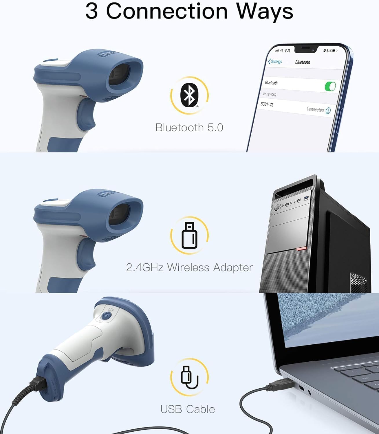 Inateck Wireless Barcode Scanner 2D Bluetooth 5.0 2.4Ghz BCST-73