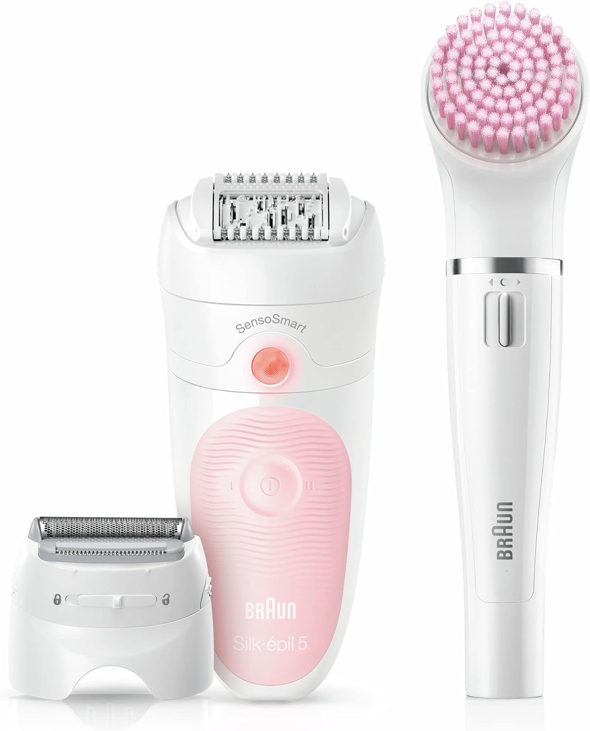 Braun Silk-épil 5 zestaw kosmetyczny, depilator dla kobiet/depilator, nasadki do golenia, peelingu, oczyszczania twarzy i ciała, torba, 5-895, biały/flaming