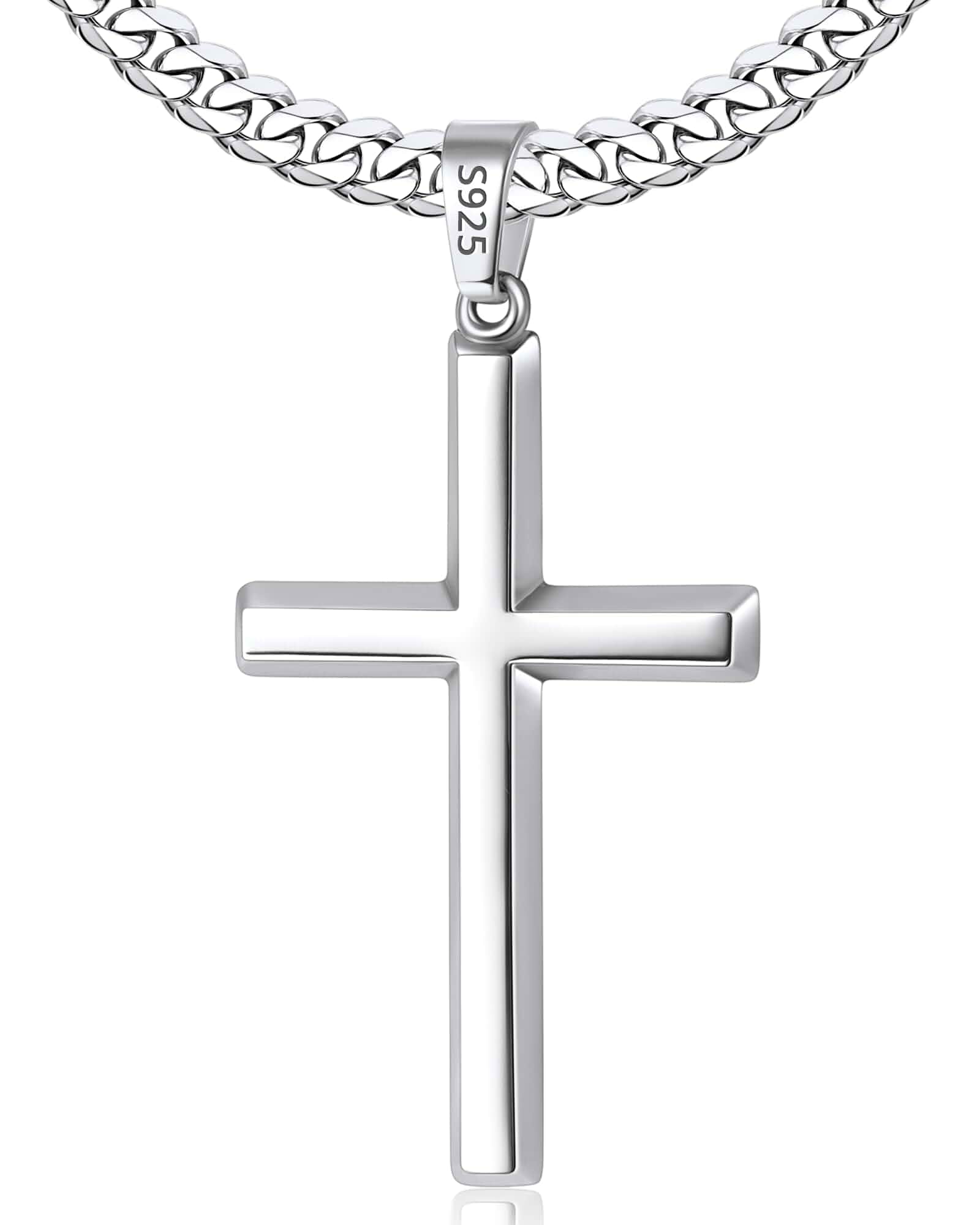 925 Sterling Silver Cross Necklace for Men, 18k Gold Plated Sterling Silver Cross Necklace with 5mm Durable Stainless Steel Cuban Link Chain for Men, 18 20 22 24 26 Inch