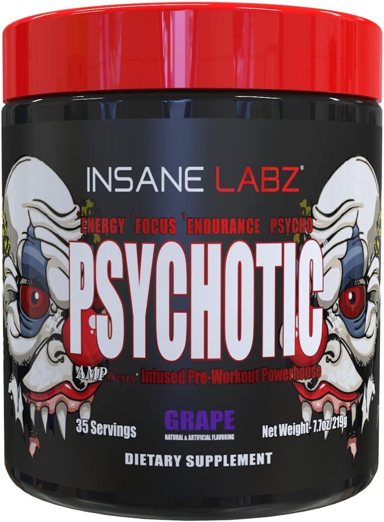 Insane Labz Psychotic, High Stimulant Pre Workout Powder, Extreme Lasting Energy, Focus and Endurance with Beta Alanine, Creatine Monohydrate DMAE, 35 Srvgs (Grape)