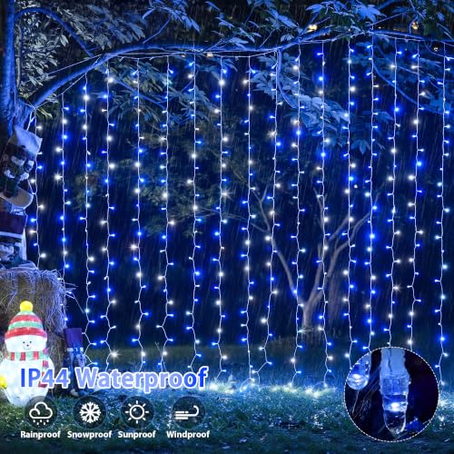 Image of JMEXSUSS 200 LED USB Curtain Lights Blue and White | Remote Curtain Christmas Lights, 8 Modes Christmas String Lights for for Bedroom, for Christmas, for Party, 6.5ftx6.5ft