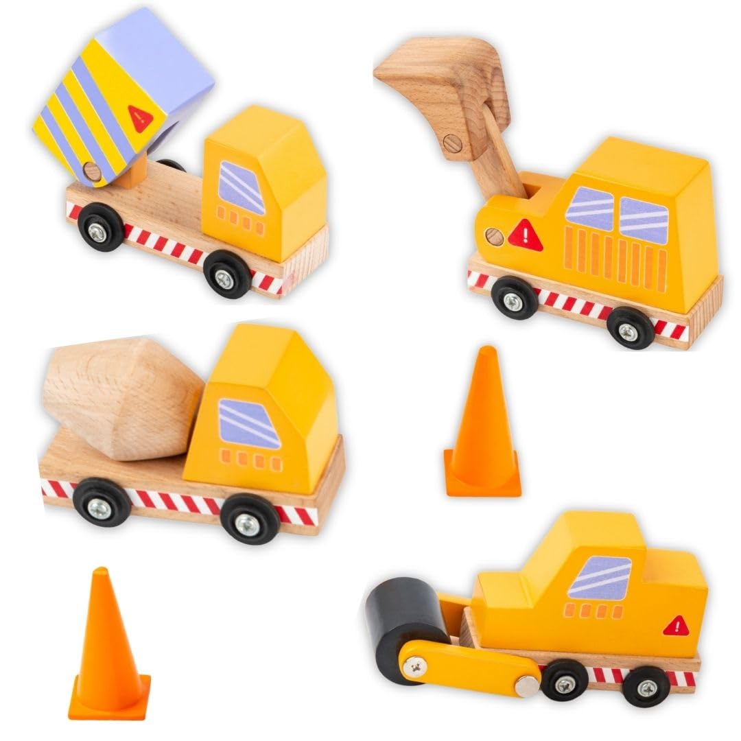 Wooden Construction Vehicles Set for Kids | Includes Dump Truck, Cement Mixer, Bulldozer & Excavator | Educational & Imaginative Role Play Toy for Toddlers Age 3+