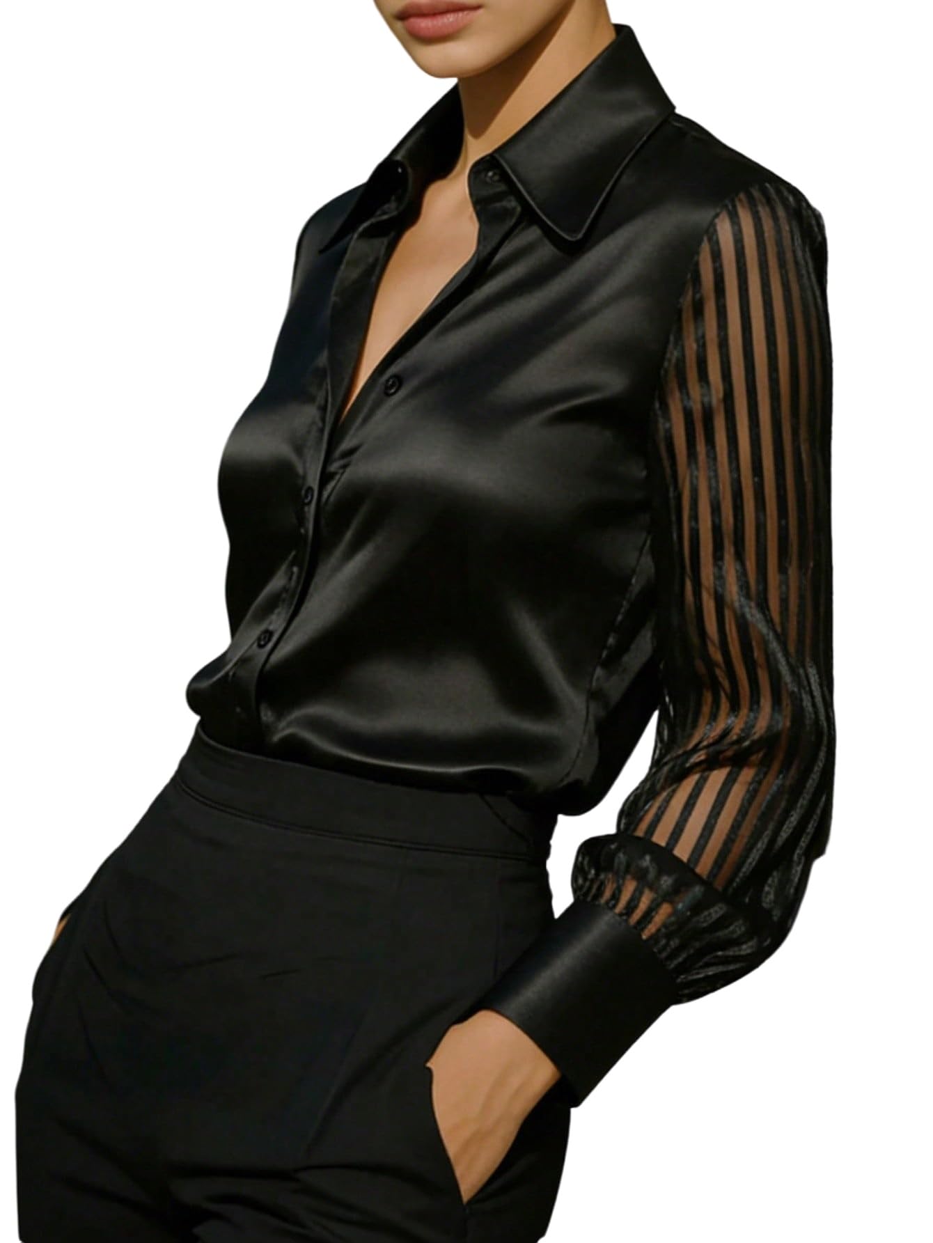 GORGLITTER Chemisier en satin pour femme, col de chemise, chemisier de bureau avec maille, manches longues, chemisier de loisirs, coupe ajustée, haut de bureau, tenue d'affaires