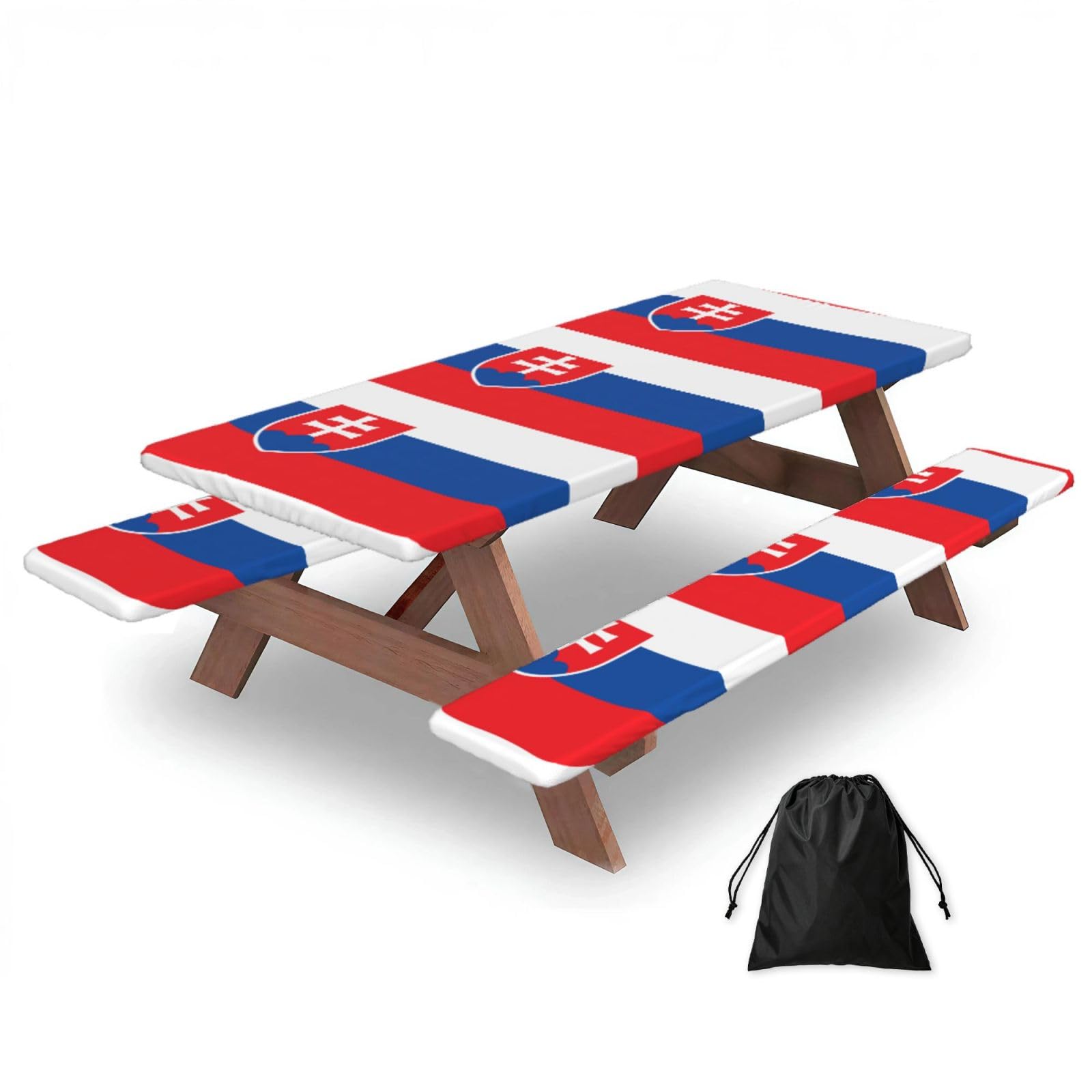 Hhbiuuo Black 72In Camping Table Cover & Bench Covers 3-Pack Set, Flag Of Slovakia Print Tablecloths, For Rectangle Tables Picnic