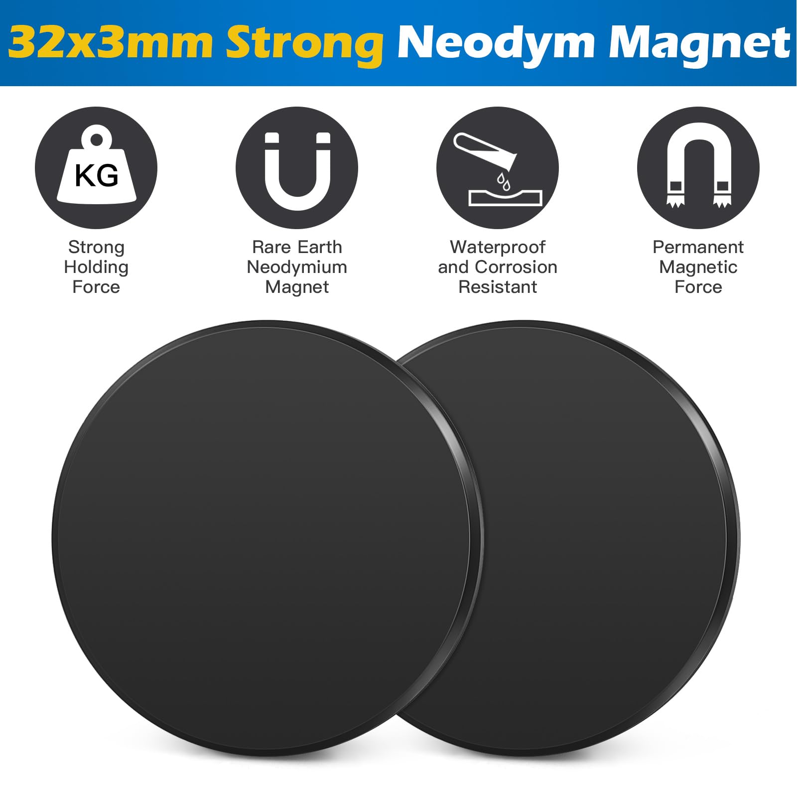 Wukong 32×3mm Calamite Neodimio, 2 Pezzi Calamita Potente Magneti Adesivi, Magnete Nero Magnete Potente per Pannelli Magnetici, Pannelli e Piastrelle di Legno