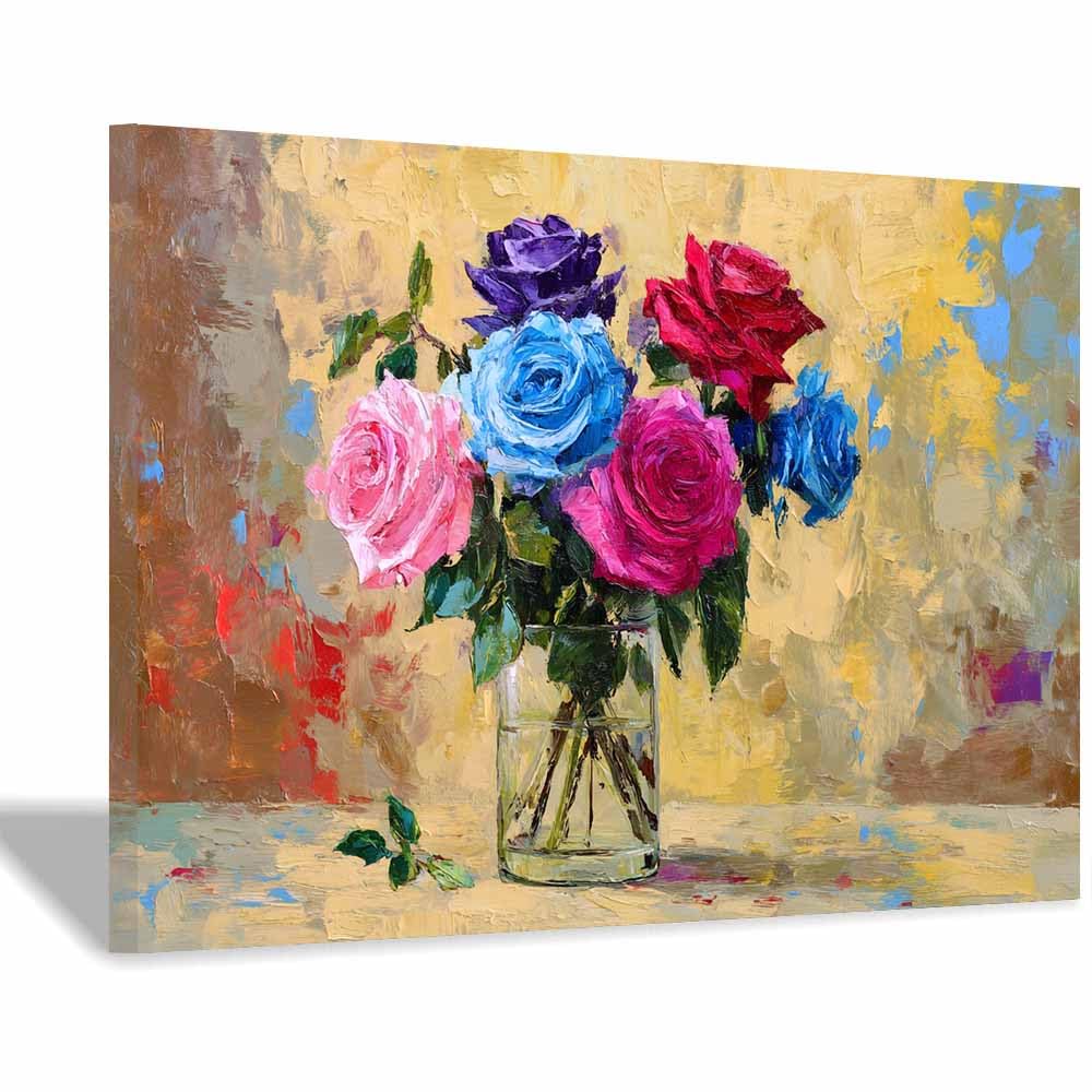 Hoqiu Multicolor Botanical Prints Colorful Ros Vase Art Artwork, Wall Decoration Living Room Bedroom Hallway Stairs Decoration.(Multicolor)-60X80cm Framed