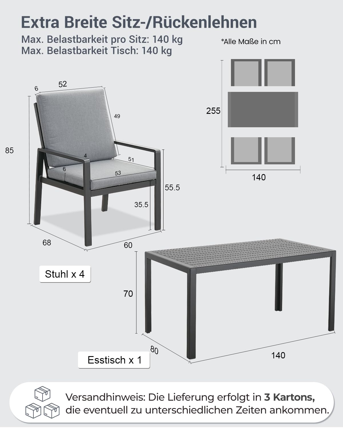 Atenza Gartenmöbel Set 5-teilig wetterfest, Tisch 140x80 cm, 4 Stühle | Rostfreies Aluminiumgestell, WPC-Tischplatte, breite Sitz- und Rückenkissen, Outdoor Essgruppe für Terrasse & Garten