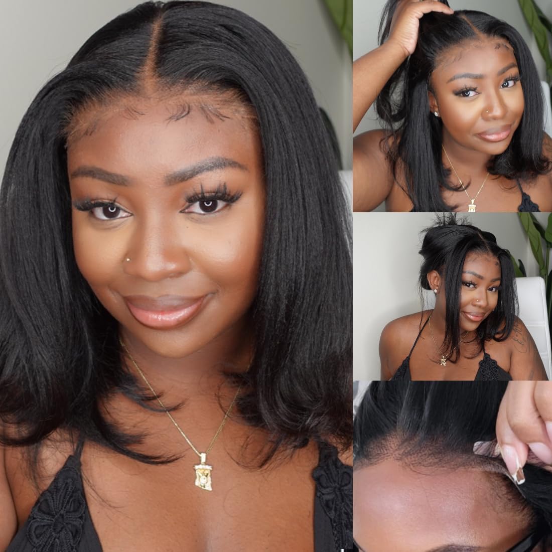 Nadula Pre Everything Glueless Yaki Straight Bob Wig 13x4 HD Pre Cut Short Bob Lace Front Wigs Human Hair with Ear Tape Bleached Invisible Bye Bye Knots Bob Wig Pre Plucked 150% Density 14inch