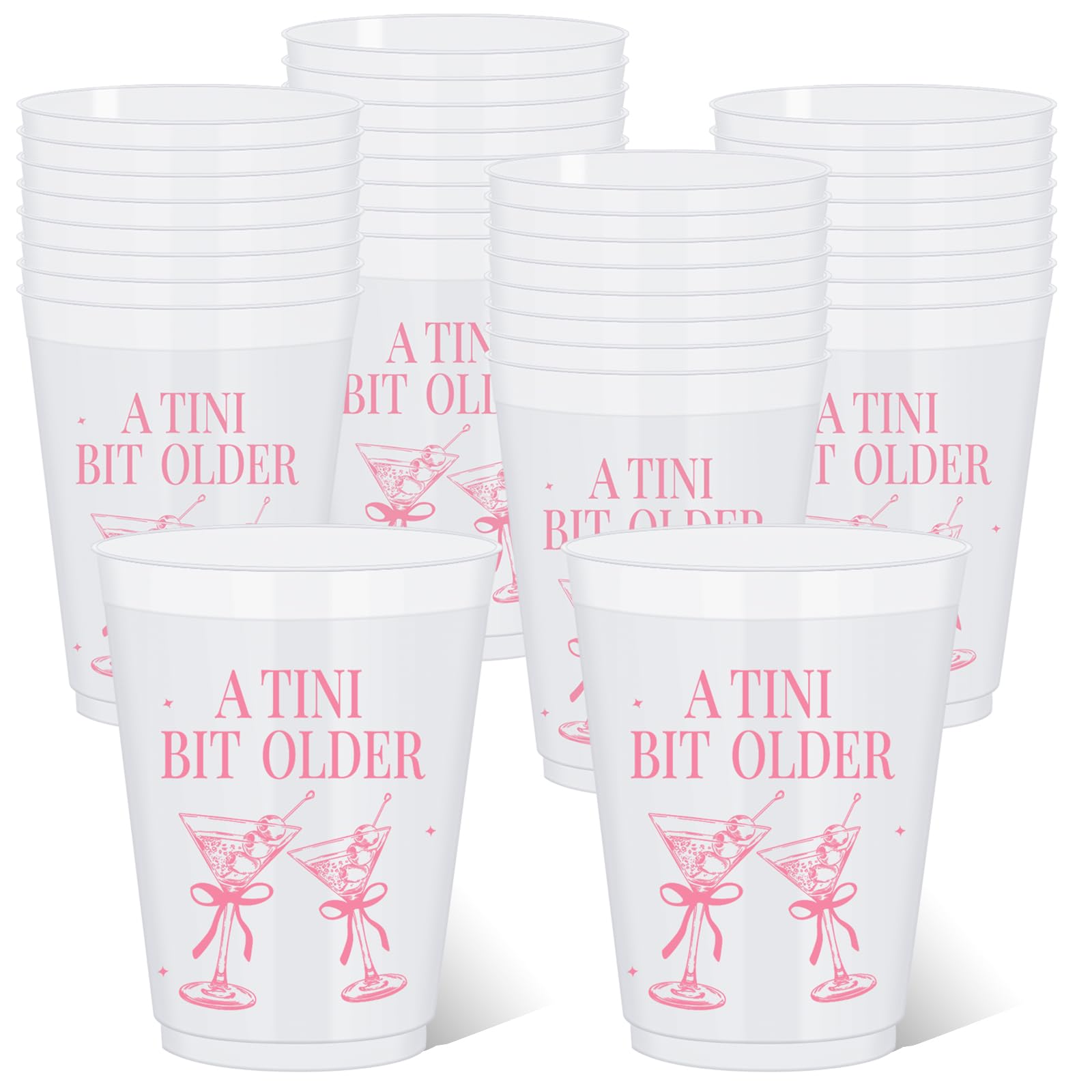 FYSUIMU 24 Pack A Tini Bit Older Plastic Cups 16oz Pink Martini Bow Disposable Drinking Cup for Birthday Bachelorette Party Supplies