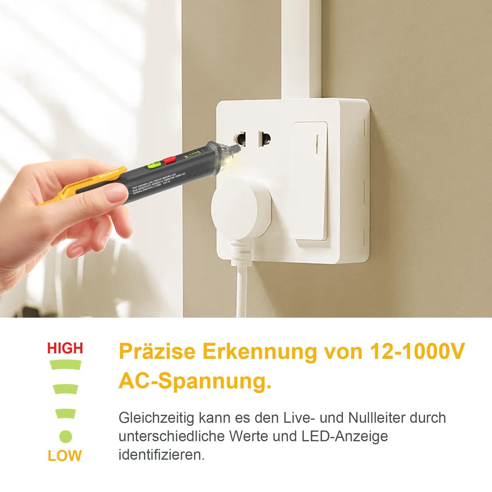 SURFOU Cercafase Senza Contatto NCV, Tester di Tensione con Allarme LED e Suono, Rilevatore Fase/Neutro e Interruzione Cavo, Doppia Portata AC 12V/48V-1000V