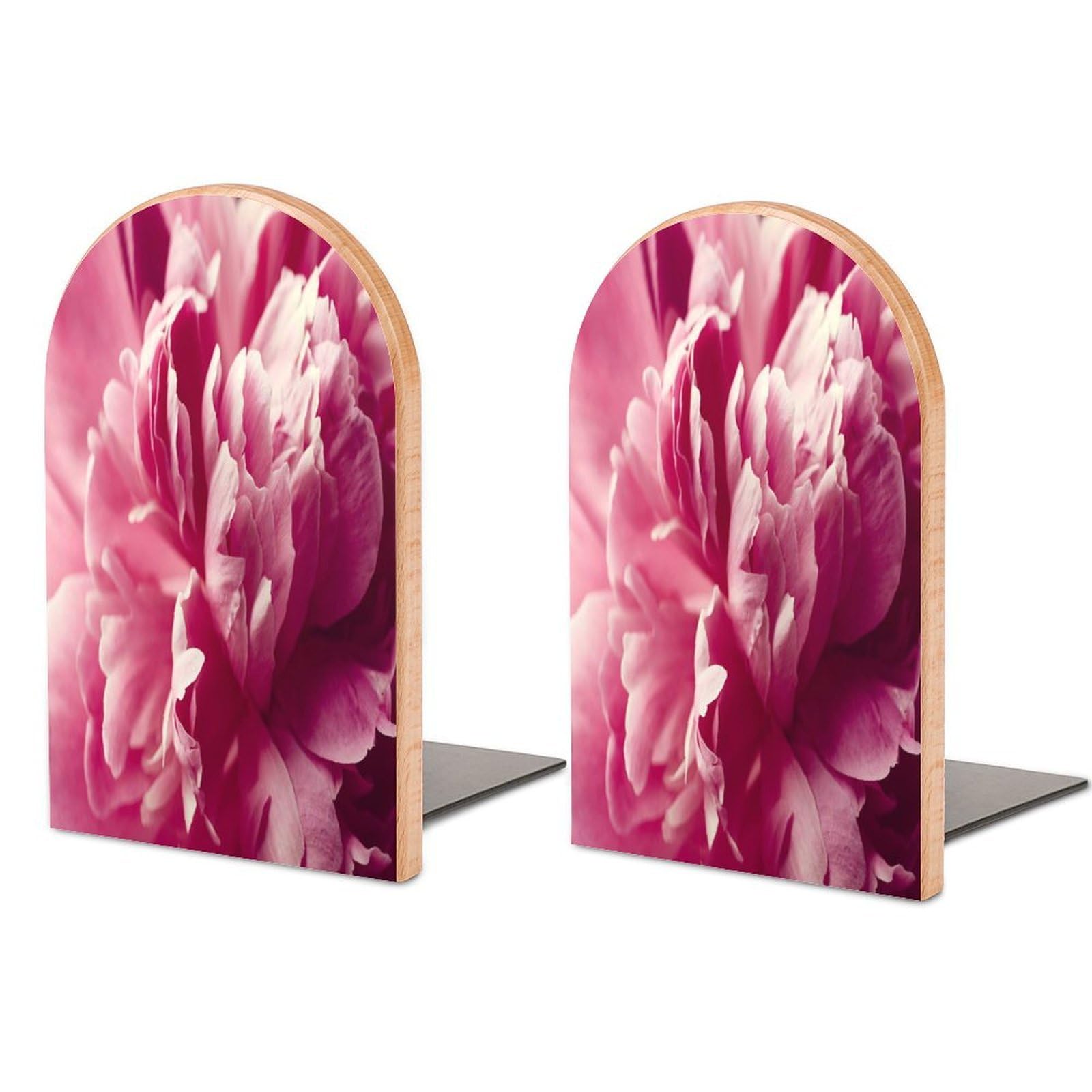 Peony Flower Beech Wood Bookends Heavy Duty Book Organizers Desktop File Holder for Office Home Bookshelf
