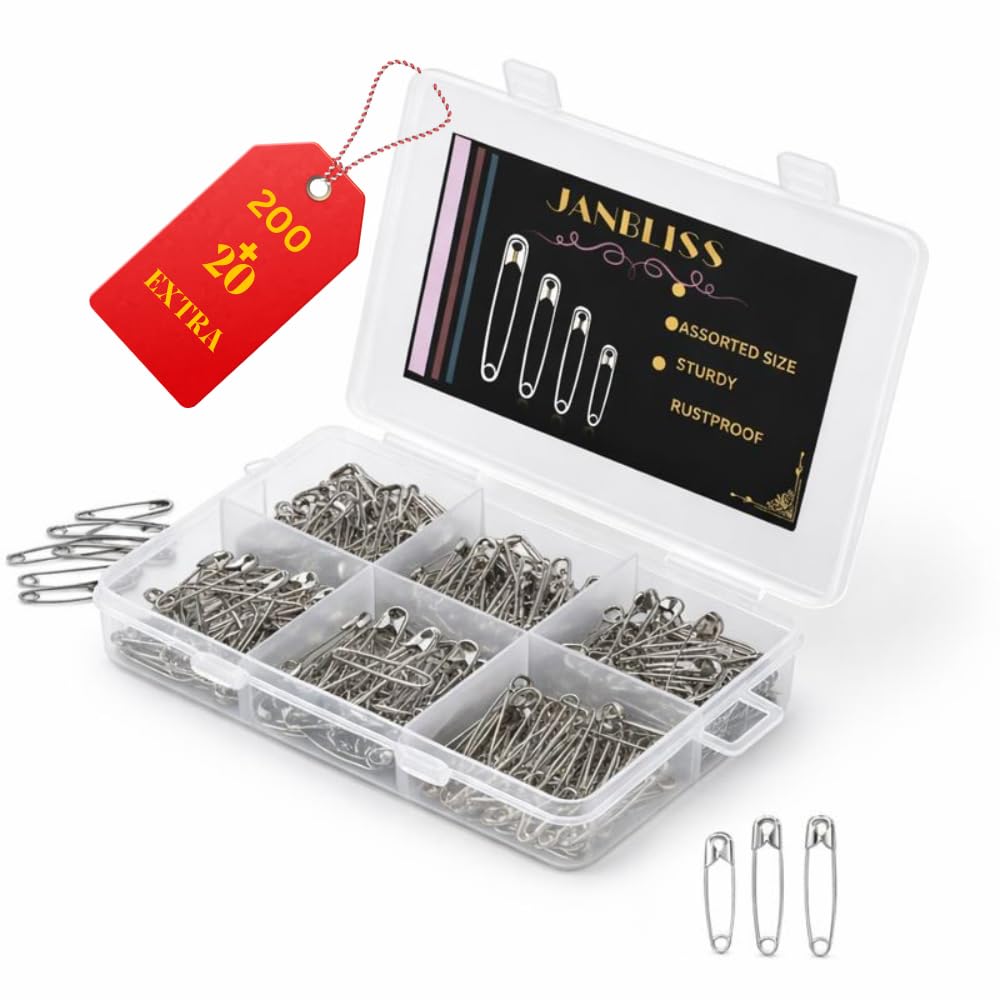 Pack of 200 Safety Pins + 20 Pins (Free)| 4 Assorted Sizes (Including Big Pin) | for Saree, Blouse & Tailoring | Strong Lock | Rust Resistant