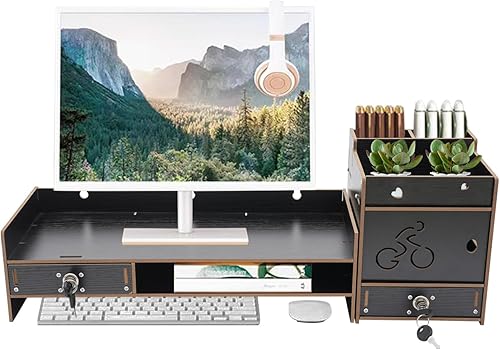 Soporte para monitor de escritorio con cajón, elevador ajustable para laptop, soporte de refuerzo para monitor de computadora para oficina en casa