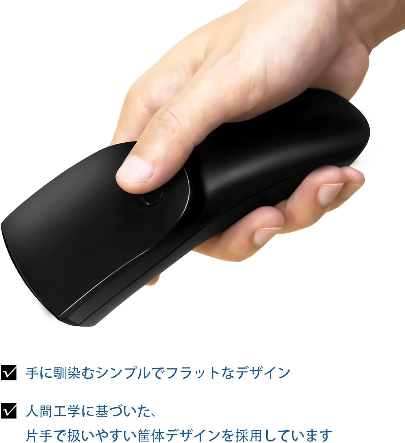 A hand holding the Datamax M11 barcode scanner, highlighting its ergonomic and flat design.