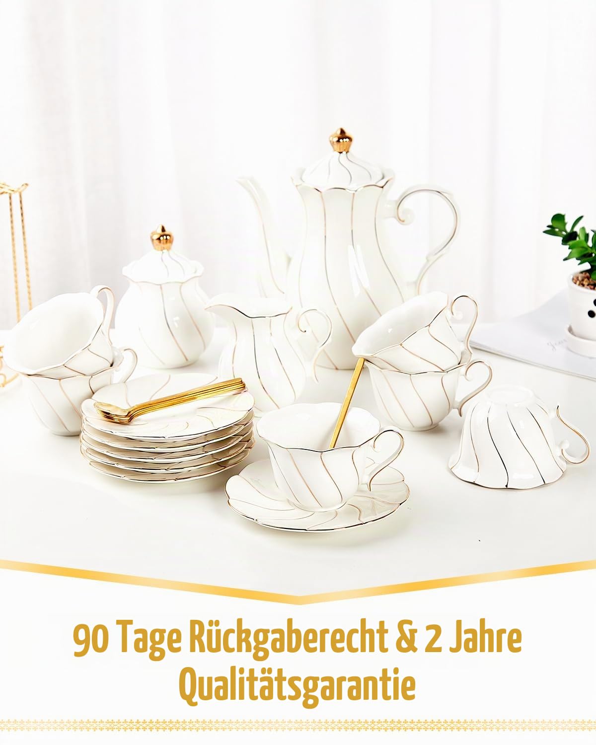 DUJUST 22-teiliges weißes Porzellan-Tee-Set für 6 Personen, luxuriöses Tee-/Kaffeetassen-Set im britischen Stil mit goldenem Rand, Tee-Party-Set, Geschenkpaket (inklusive Ständer) – Weiß