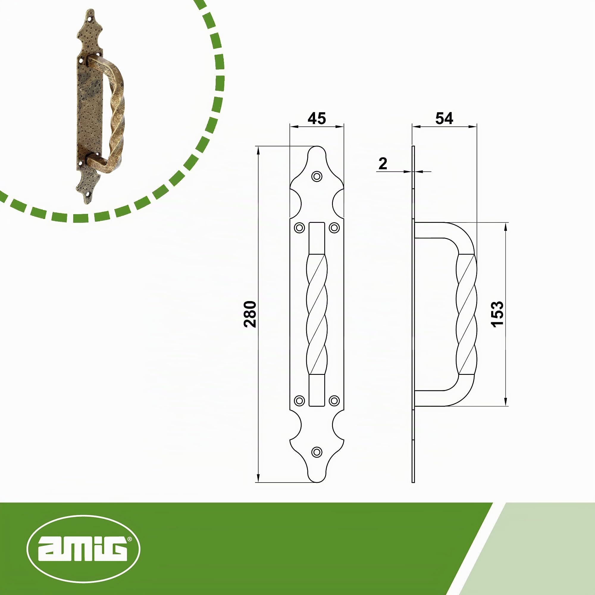 Amig - Maniglione in Zama con Placca in Acciaio - Stile Rustico Resistente - Facile da Installare - Per Porte e Cancelli - Compatibile con Maniglie Ferro Battuto, Cuoio, 28x4.5 cm, Lega di Acciaio