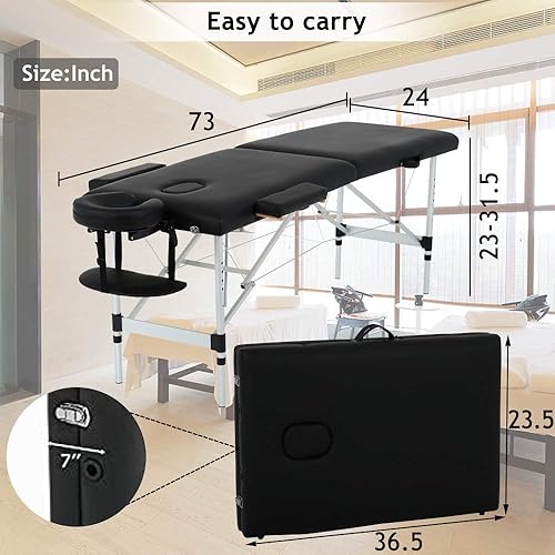 Miniatura 5 de Mesa de masaje de 73 pulgadas, cama de spa, portátil, altura ajustable, 2 mesas plegables de aluminio para salón, de piel sintética, con funda de