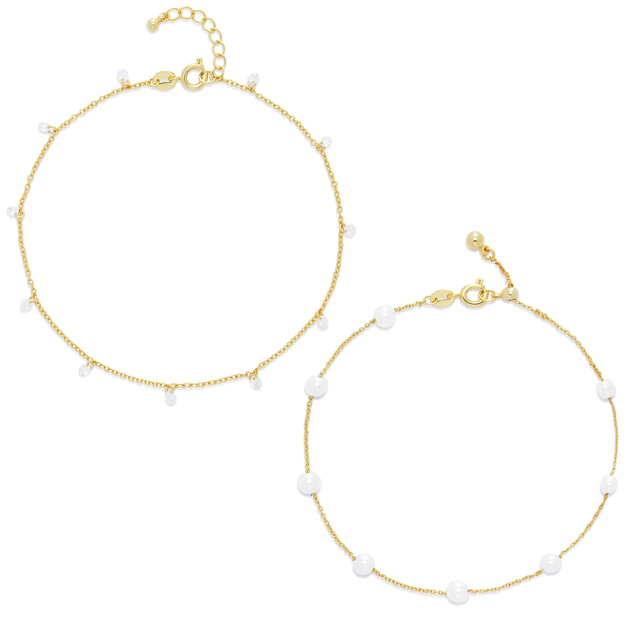Amazon Essentials 14K Gold Plated cultured Pearl and Cubic Zirconia Dangle Anklet Set
