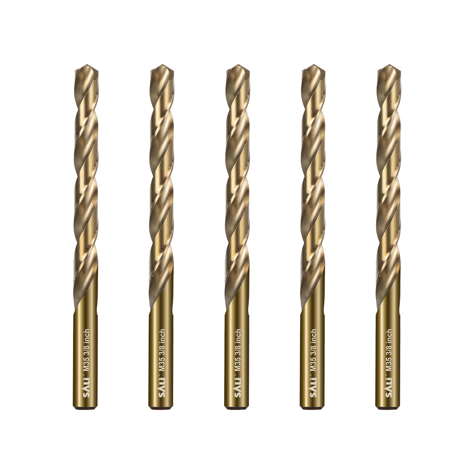 SALI Cobalt Drill Bit Set, 5Pcs 3/8" M35 High Speed Steel Jobber Length Drill Bit Kit for Hardened Metal, Stainless Steel, Cast Iron, Wood and Plastic