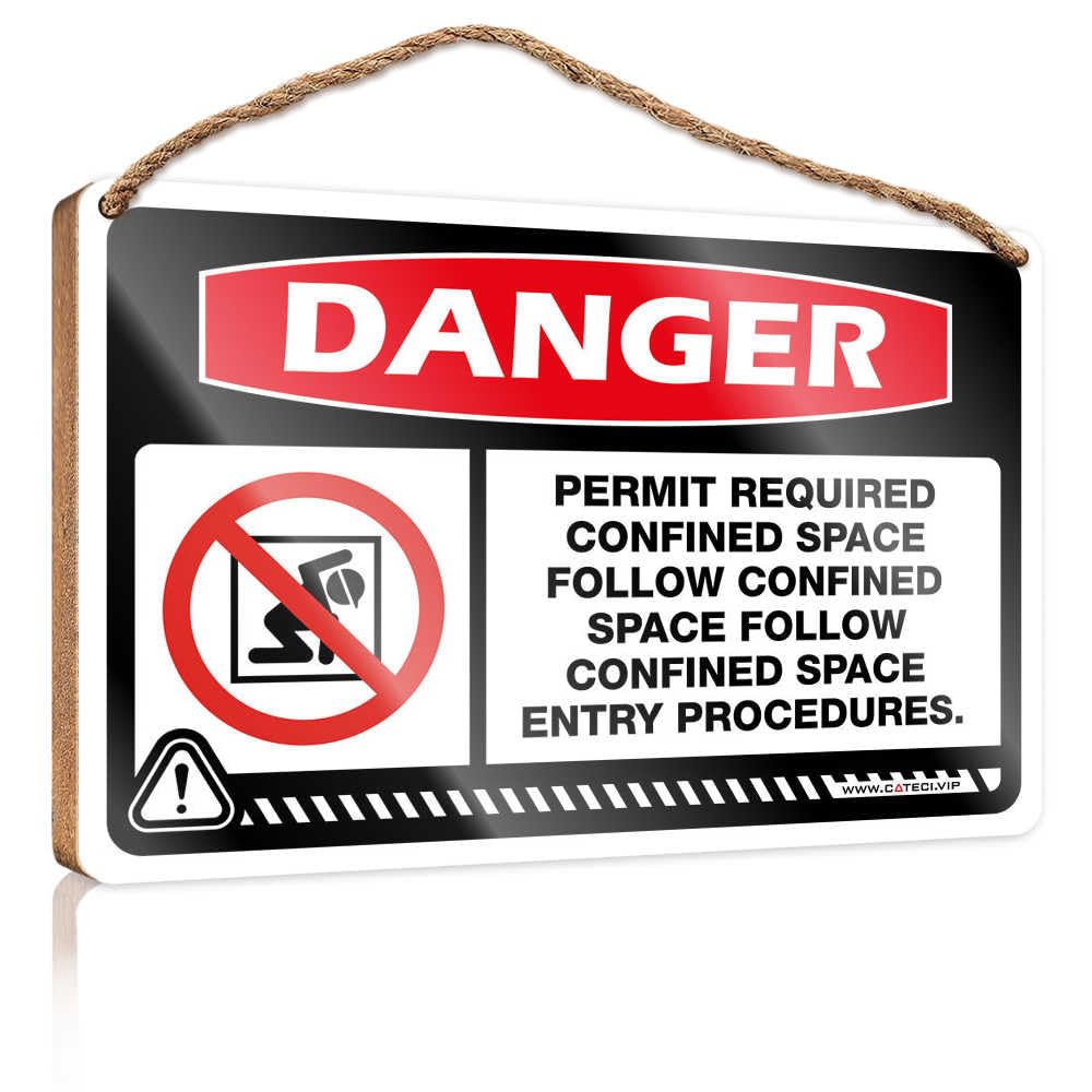HMQW Hanging Wooden Plaque Danger Permit Required Confined Space Follow Confined Space Wooden Sign Decore For Room Funny Bathroom Wall Decor Sign Woo(23X35CM)