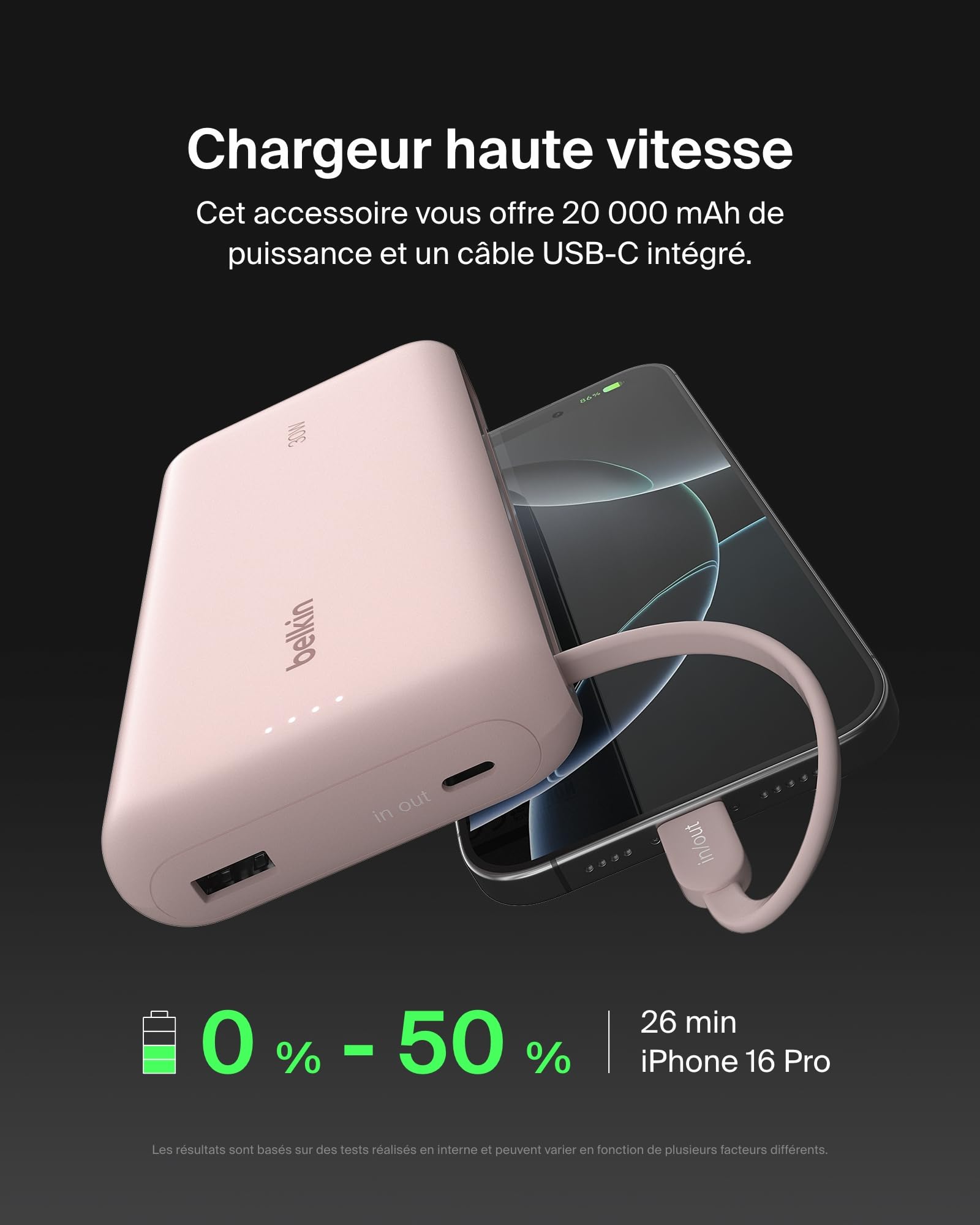 Image secondaire de Batterie Externe Belkin 20K avec Câble Intégré - Chargeur Portable Rose 30W