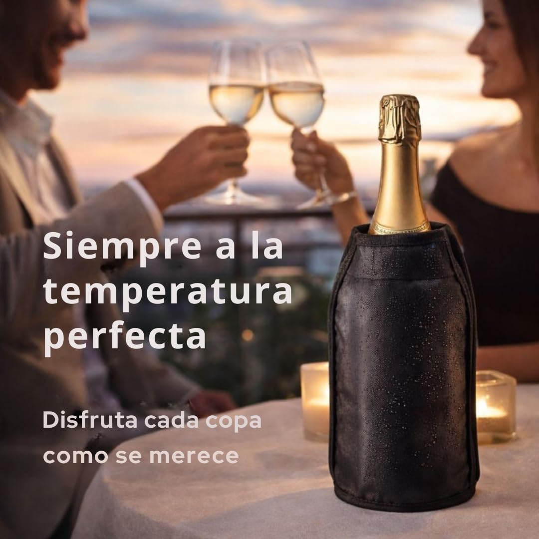 Pack 2 Enfriadores de Botellas de Vino + Sacacorchos Camarero | Funda Enfriadora con Gel Refrigerante Interior | Manga Enfriadora para Vino, Cava y Champagne | 15,5x22,5 cm (negro) — view 7
