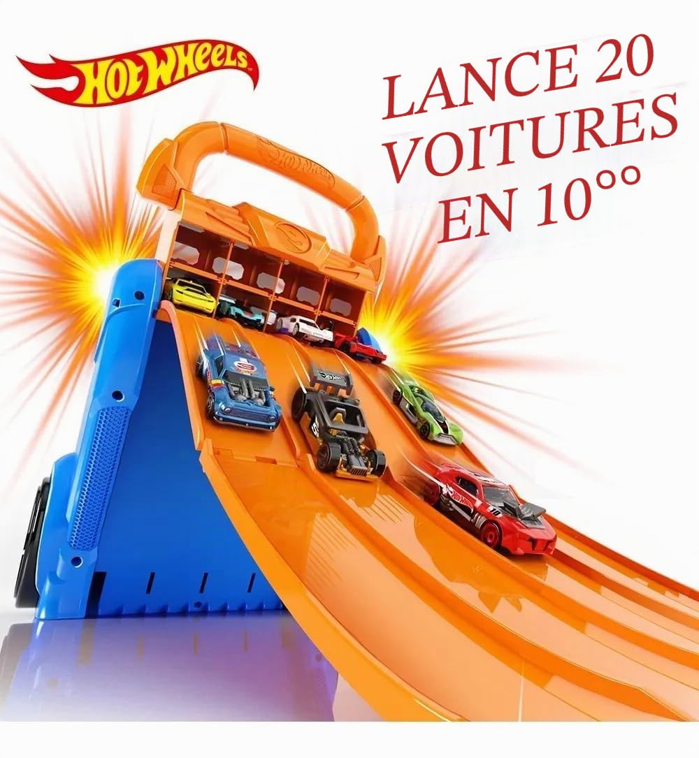 Cefa Toys HWCC14 Mallette de Protection de Voiture Lanceur Hot Wheels 2 en 1 avec capacité pour 20 Voitures. 4 Pistes différentes, Multicolore