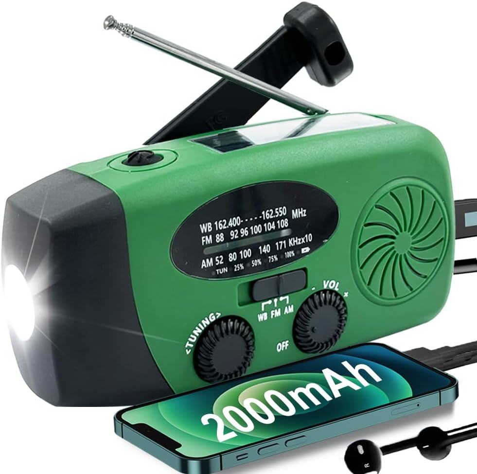Emergency Climate Radio, 2000mah Photo voltaic Hand Crank Radio, AM/FM NOAA Transportable Battery Powered Radios with Cell Telephone Charger, LED Flashlight, SOS Alarm for Tenting, Emergencies